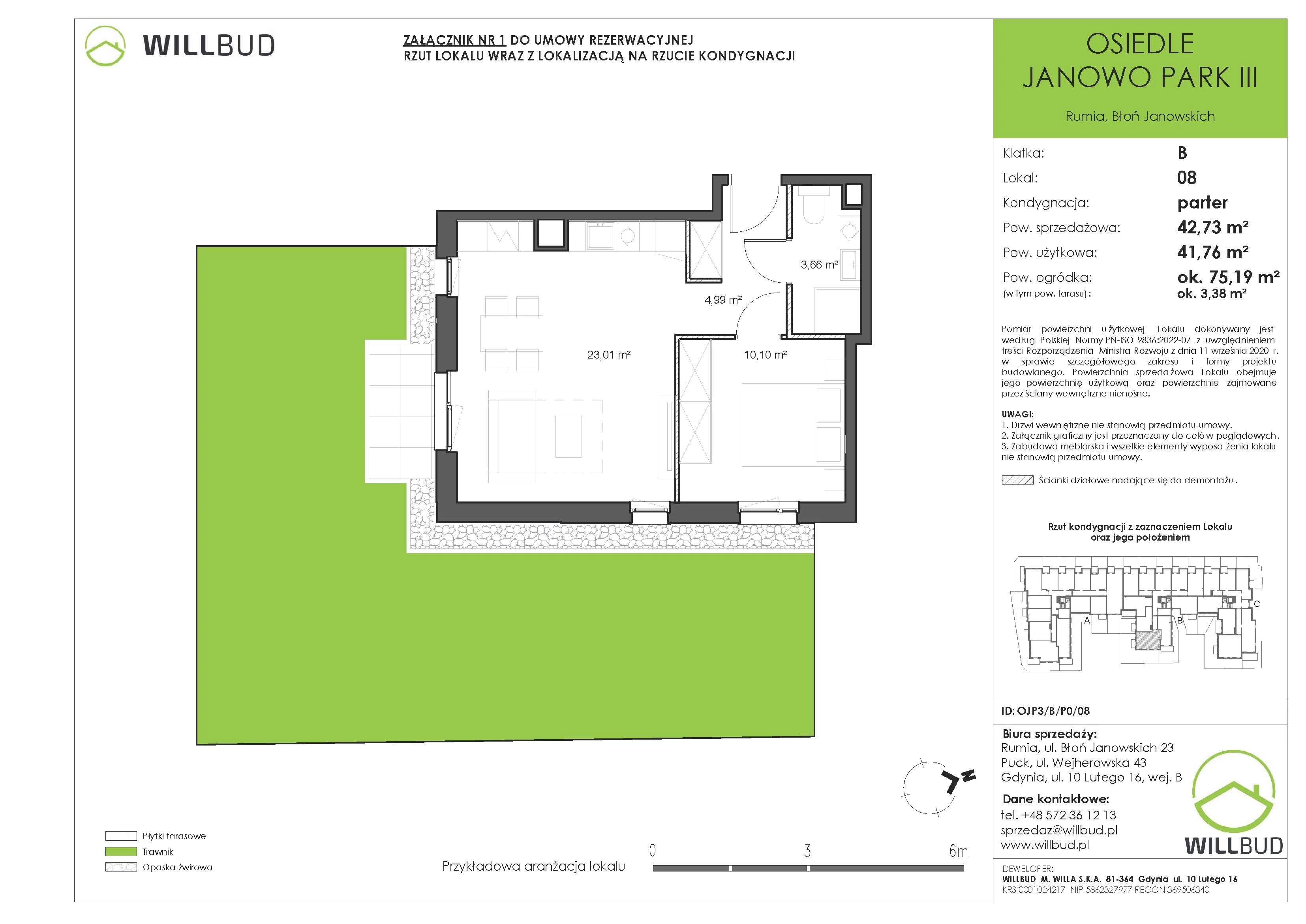 2 pokoje, mieszkanie 42,73 m², parter, oferta nr OJP3/B/P0/08, Osiedle Janowo Park III - etap B i C , Rumia, Janowo,  ul. Błoń Janowskich