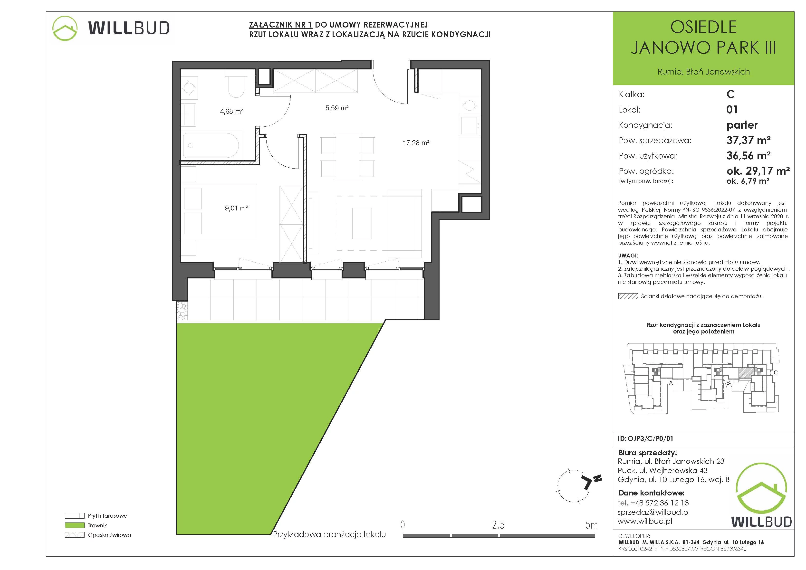 2 pokoje, mieszkanie 37,37 m², parter, oferta nr OJP3/C/P0/01, Osiedle Janowo Park III - etap B i C , Rumia, Janowo,  ul. Błoń Janowskich