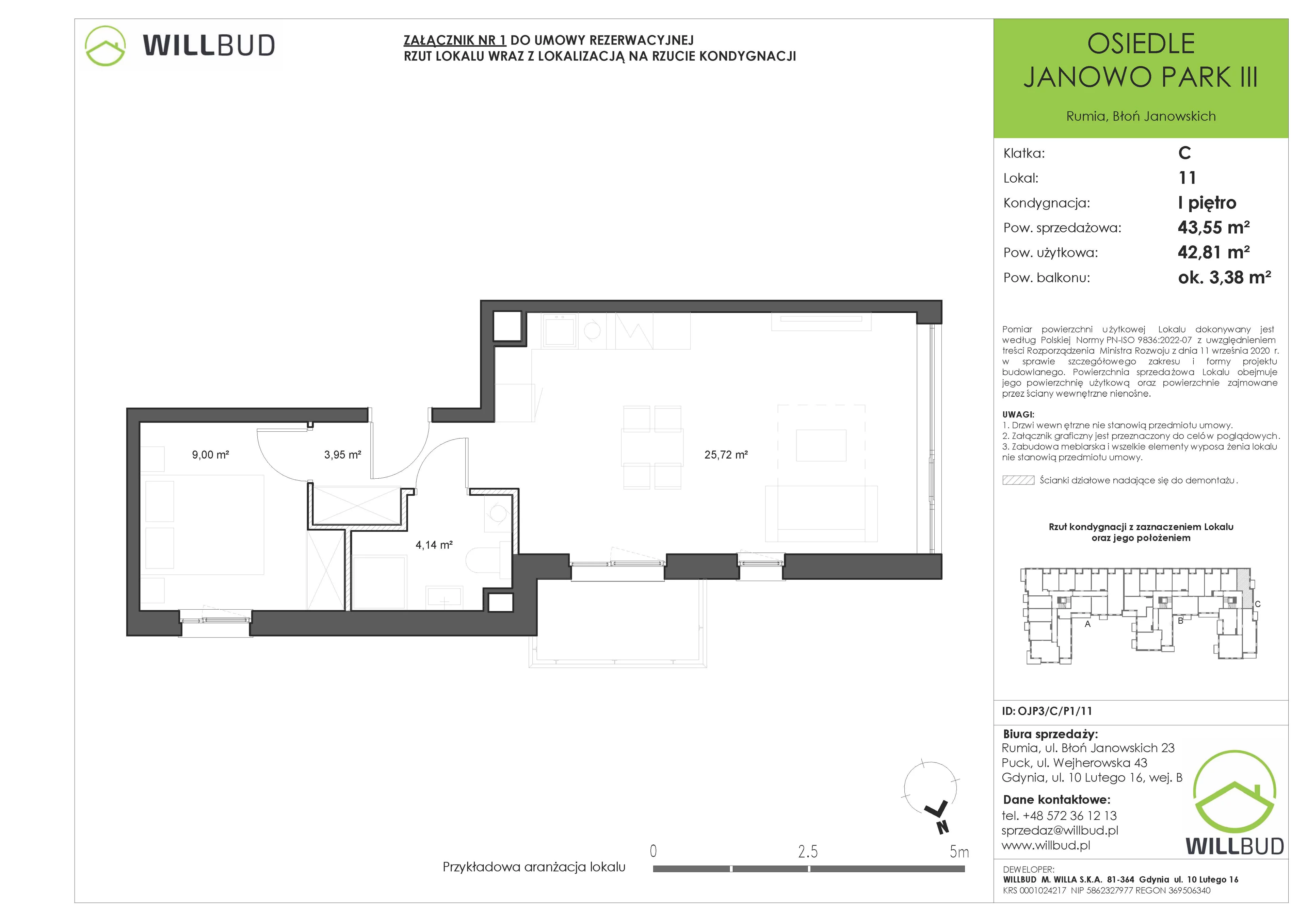 2 pokoje, mieszkanie 43,55 m², piętro 1, oferta nr OJP3/C/P1/11, Osiedle Janowo Park III - etap B i C , Rumia, Janowo,  ul. Błoń Janowskich