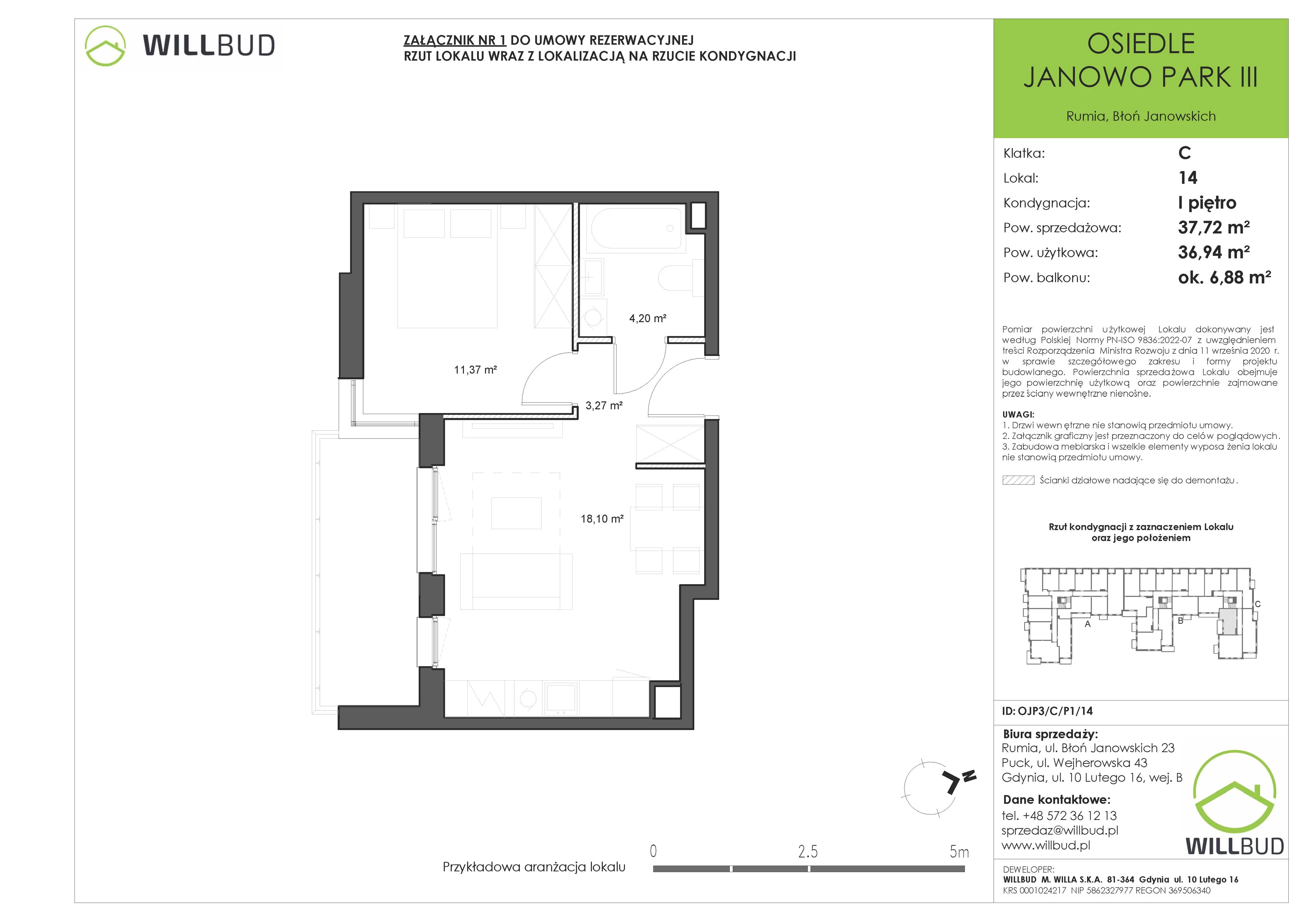 2 pokoje, mieszkanie 37,72 m², piętro 1, oferta nr OJP3/C/P1/14, Osiedle Janowo Park III - etap B i C , Rumia, Janowo,  ul. Błoń Janowskich