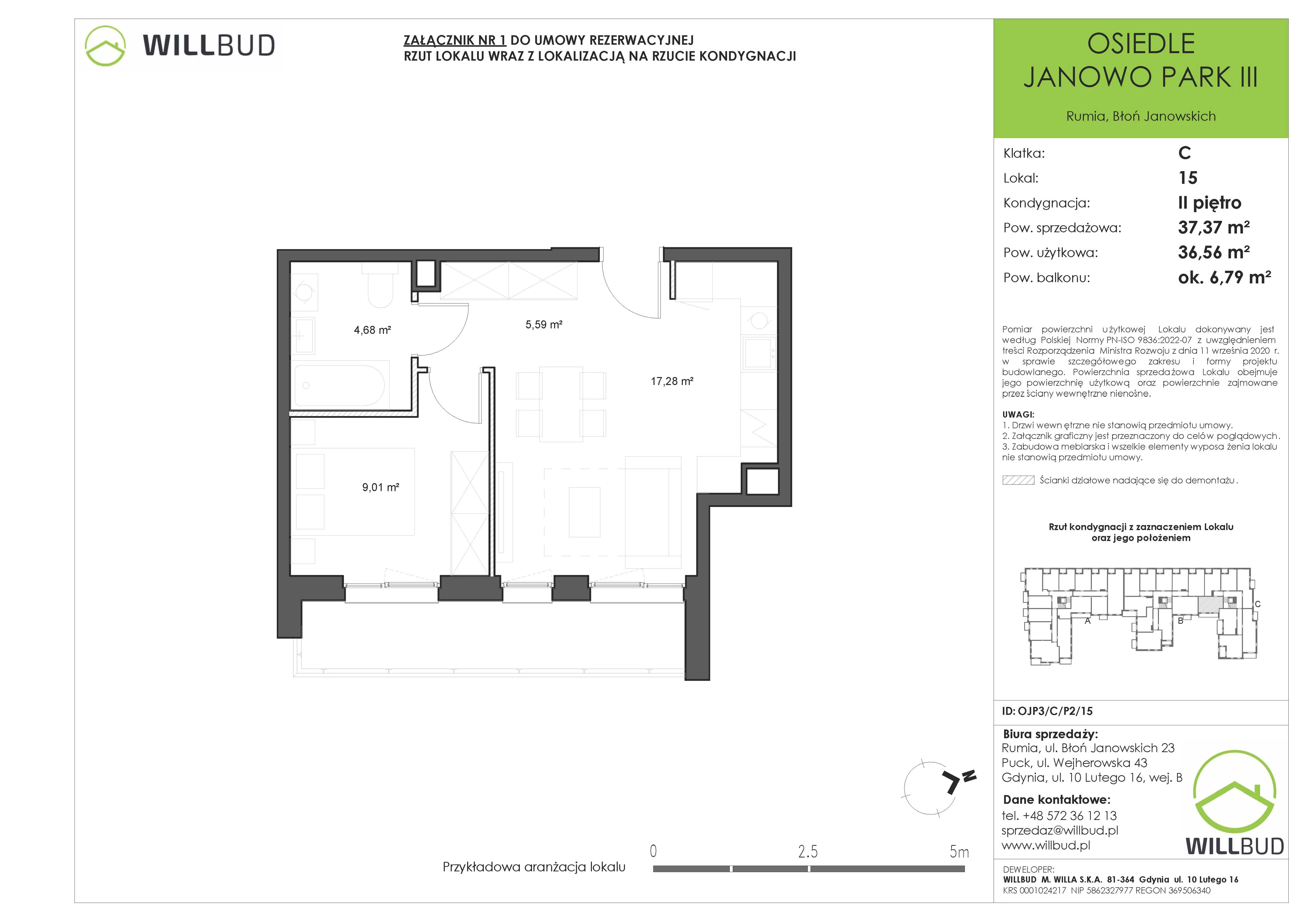 2 pokoje, mieszkanie 37,37 m², piętro 2, oferta nr OJP3/C/P2/15, Osiedle Janowo Park III - etap B i C , Rumia, Janowo,  ul. Błoń Janowskich