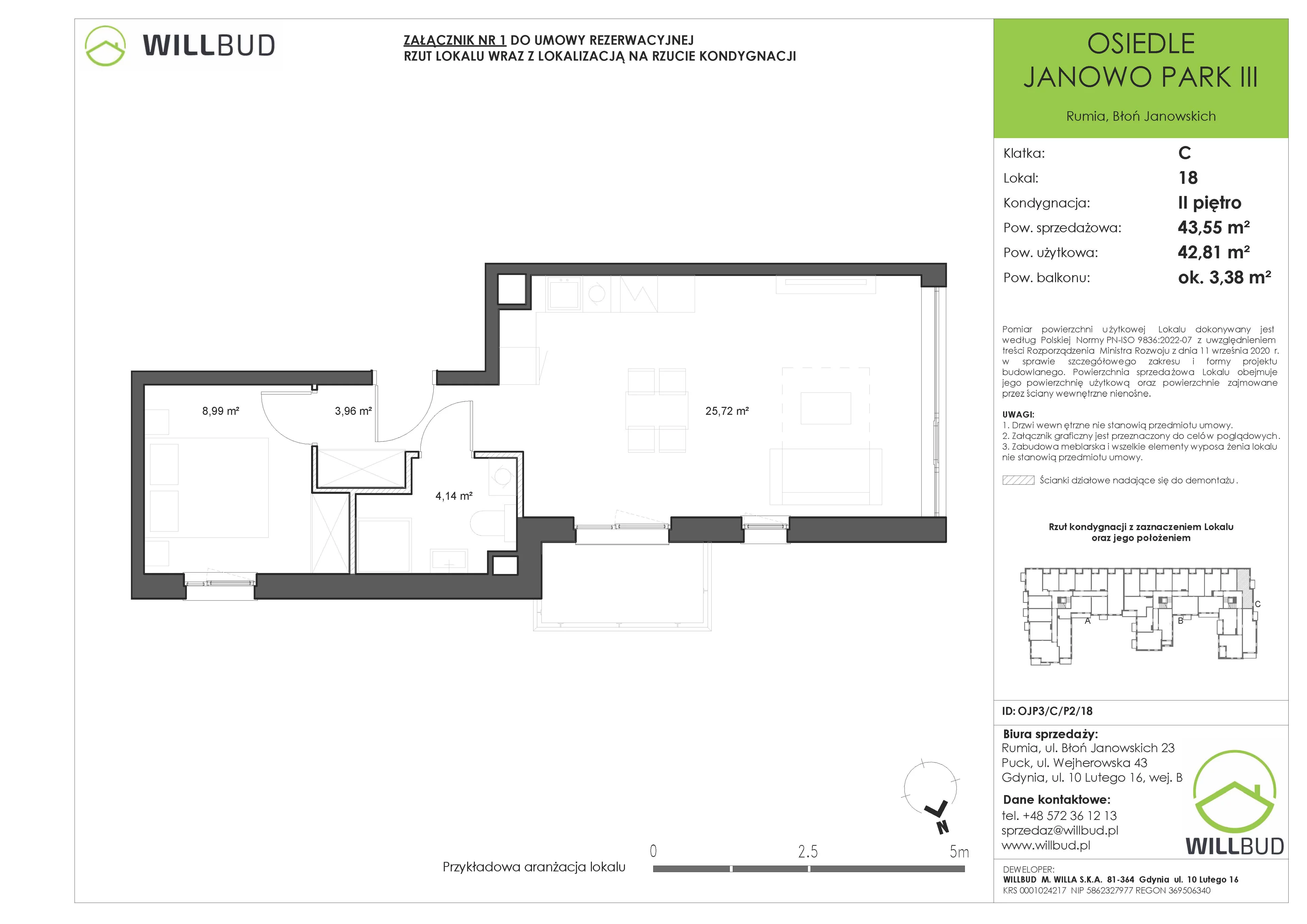 2 pokoje, mieszkanie 43,55 m², piętro 2, oferta nr OJP3/C/P2/18, Osiedle Janowo Park III - etap B i C , Rumia, Janowo,  ul. Błoń Janowskich