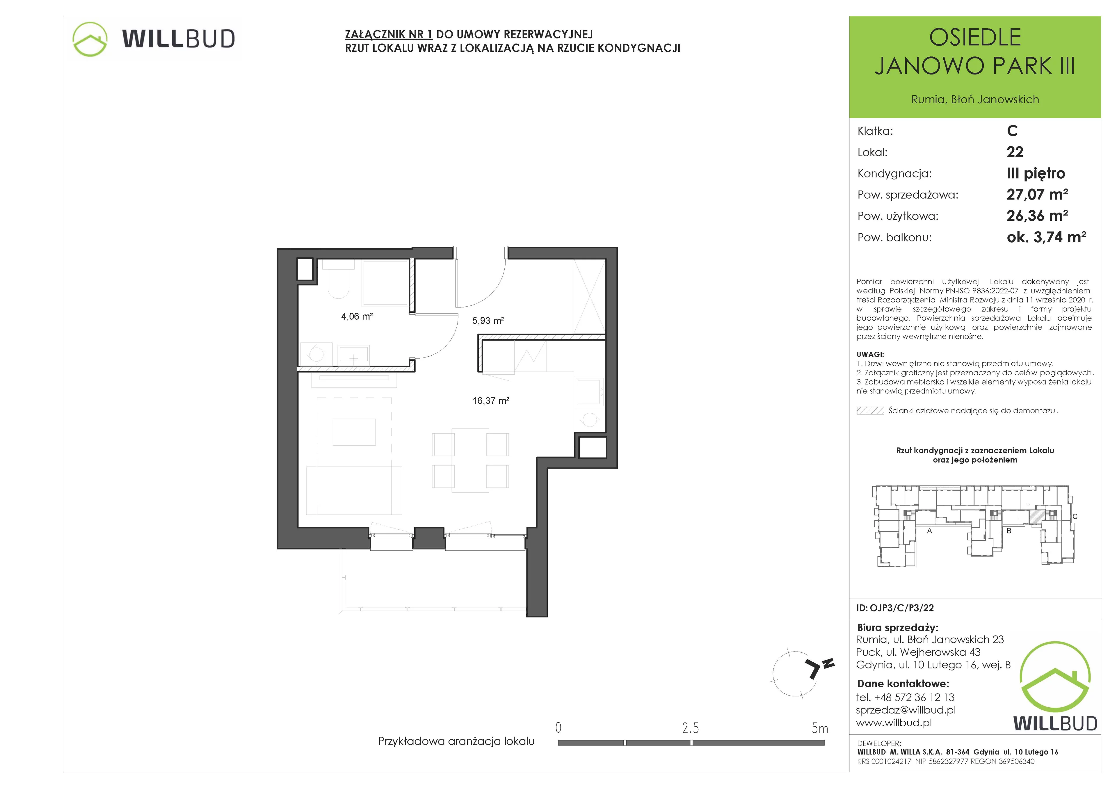 Mieszkanie 27,07 m², piętro 3, oferta nr OJP3/C/P3/22, Osiedle Janowo Park III - etap B i C , Rumia, Janowo,  ul. Błoń Janowskich