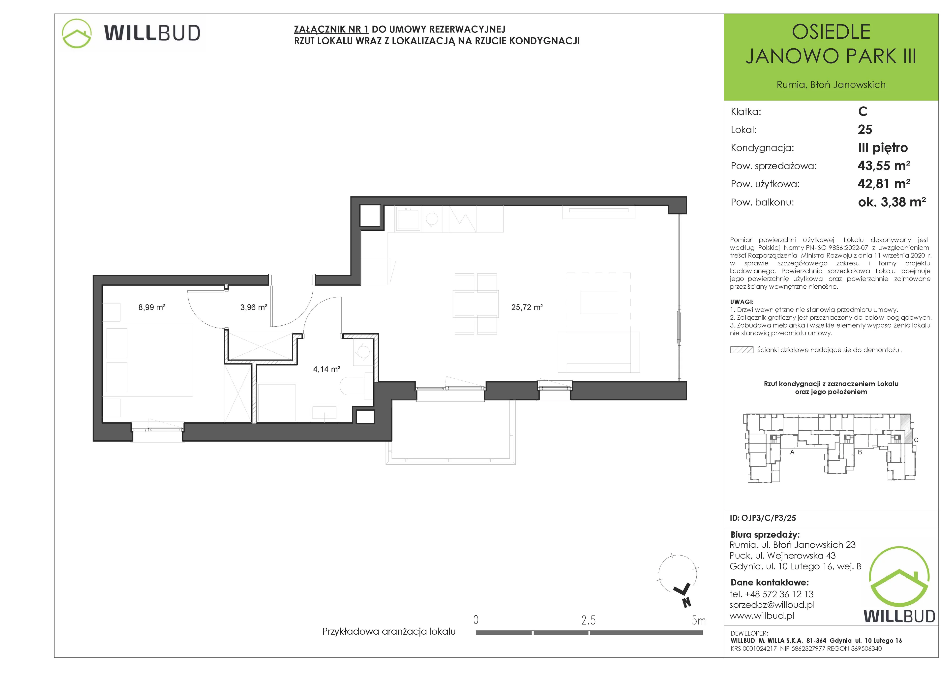 2 pokoje, mieszkanie 43,55 m², piętro 3, oferta nr OJP3/C/P3/25, Osiedle Janowo Park III - etap B i C , Rumia, Janowo,  ul. Błoń Janowskich