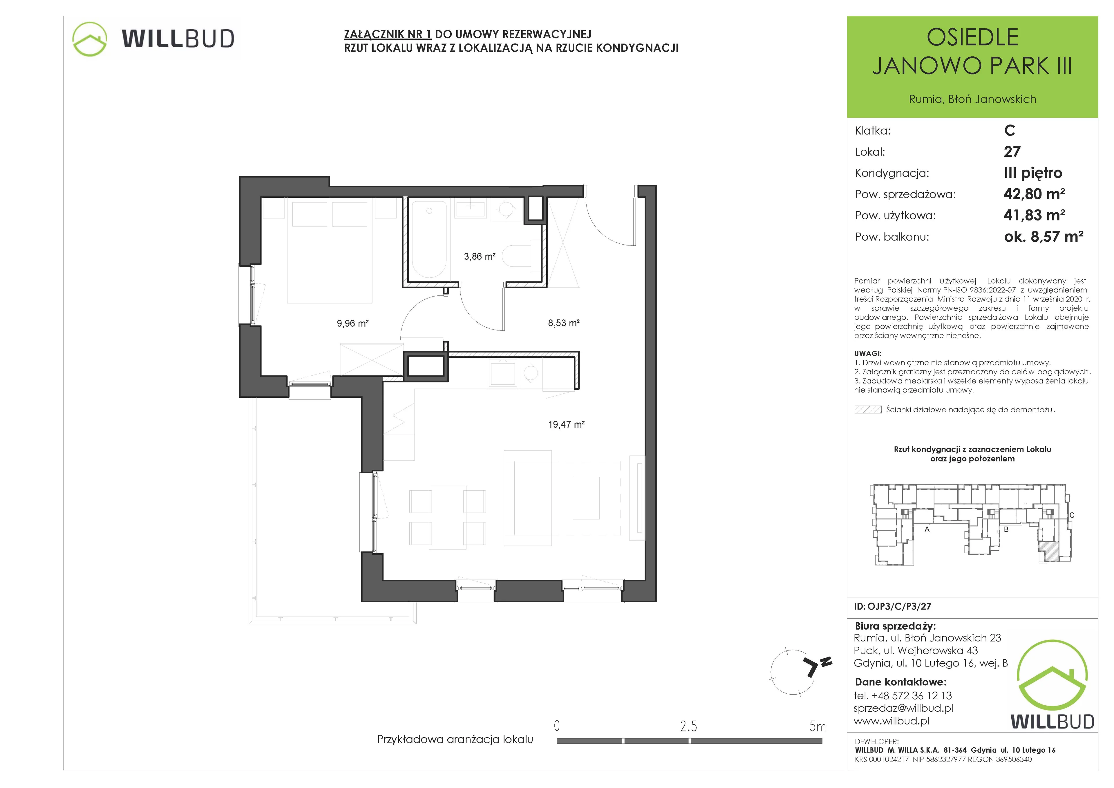 2 pokoje, mieszkanie 42,80 m², piętro 3, oferta nr OJP3/C/P3/27, Osiedle Janowo Park III - etap B i C , Rumia, Janowo,  ul. Błoń Janowskich