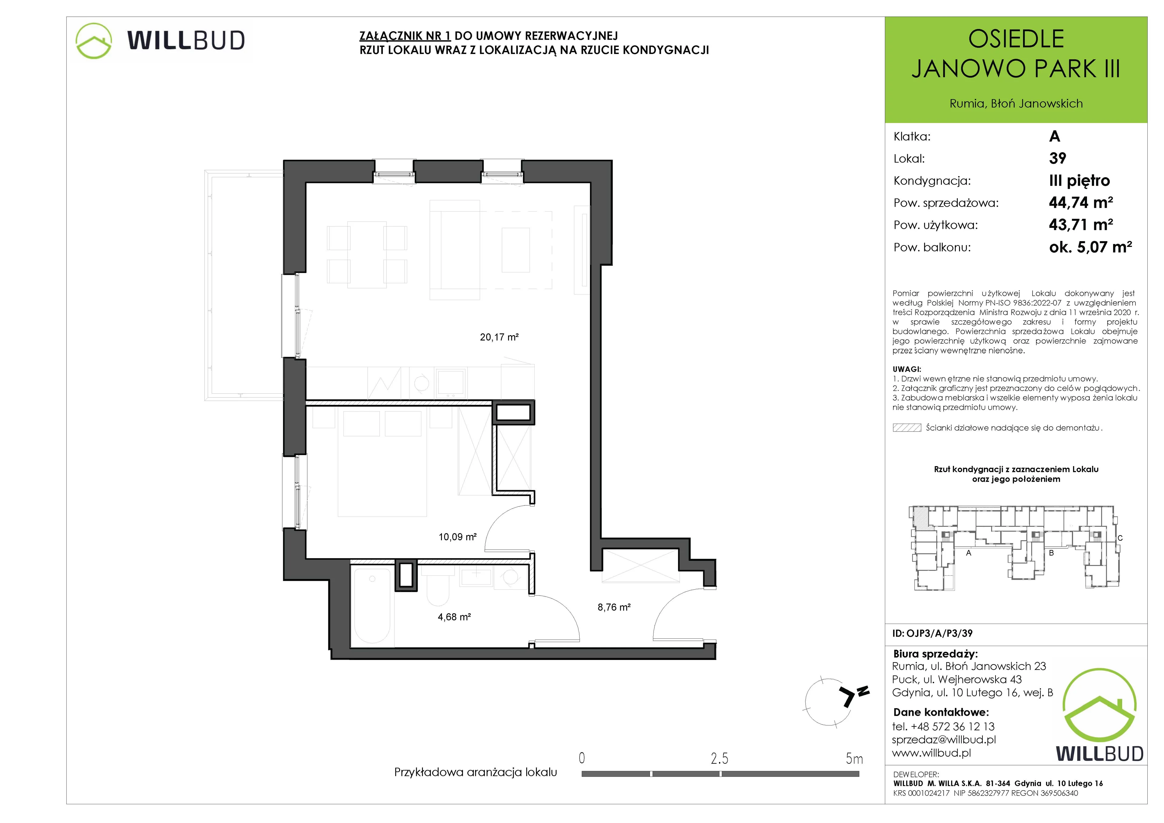 Mieszkanie 44,74 m², piętro 3, oferta nr OJP3/A/P3/39, Osiedle Janowo Park III, Rumia, Janowo,  ul. Błoń Janowskich