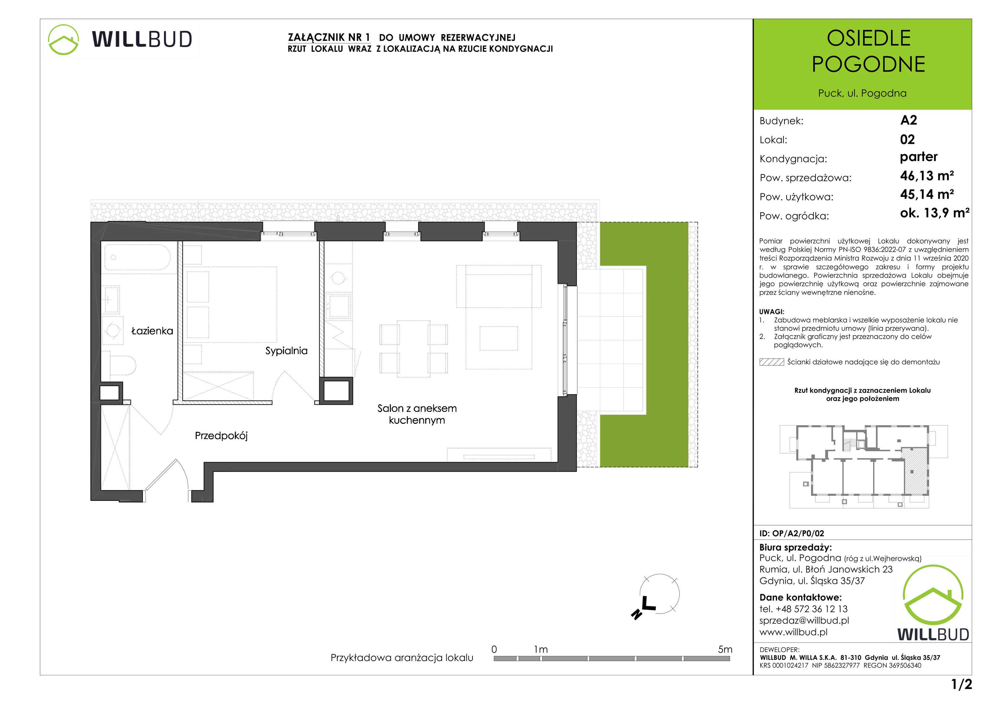 Mieszkanie 46,13 m², parter, oferta nr OP/A2/P0/02, Osiedle Pogodne, Puck, ul. Pogodna