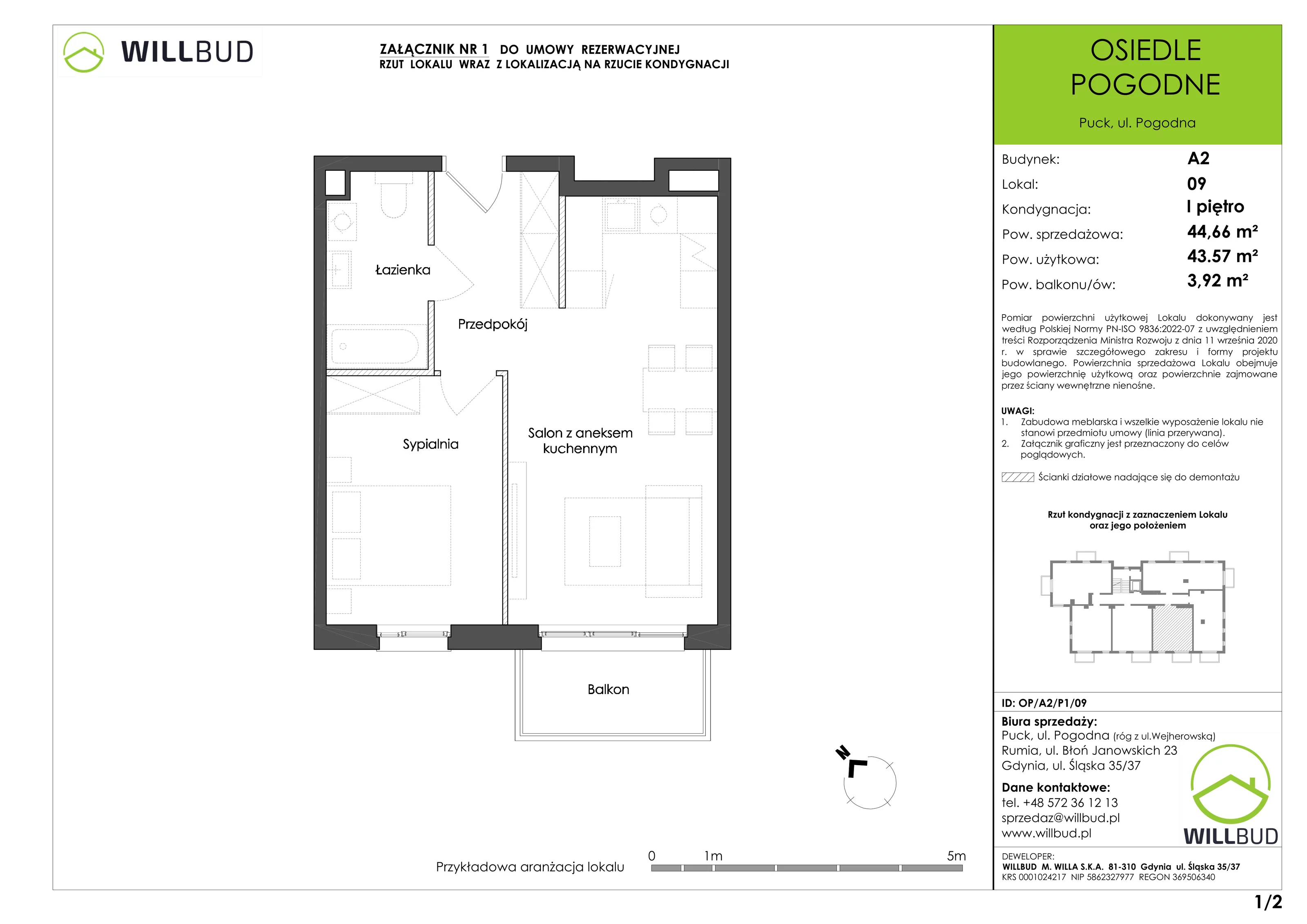 Mieszkanie 44,66 m², piętro 1, oferta nr OP/A2/P1/09, Osiedle Pogodne, Puck, ul. Pogodna