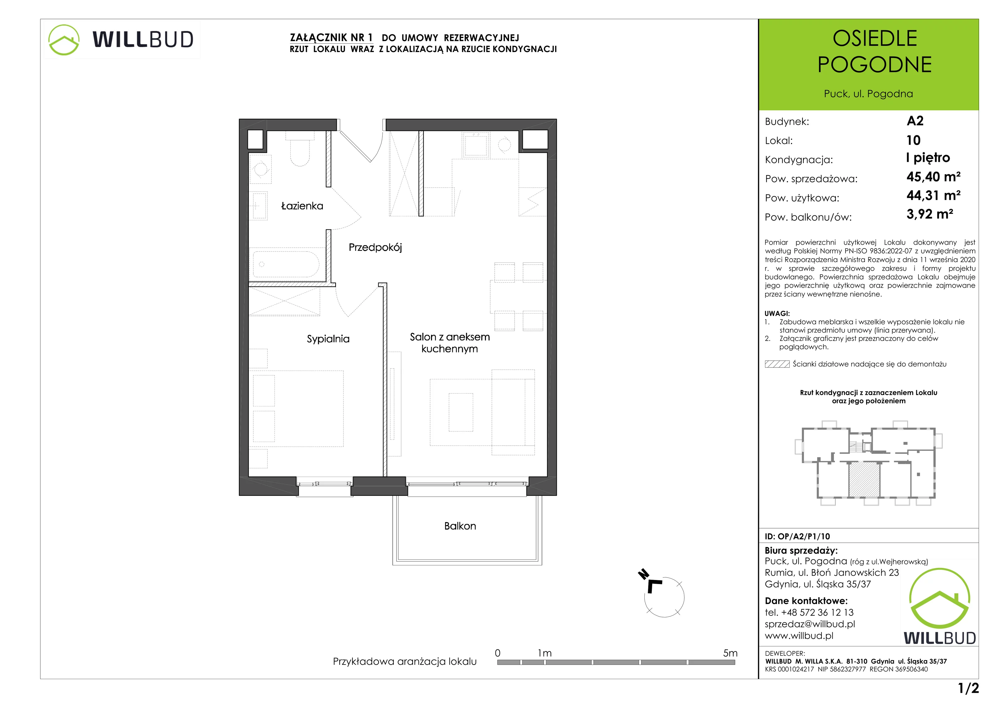 Mieszkanie 45,40 m², piętro 1, oferta nr OP/A2/P1/10, Osiedle Pogodne, Puck, ul. Pogodna