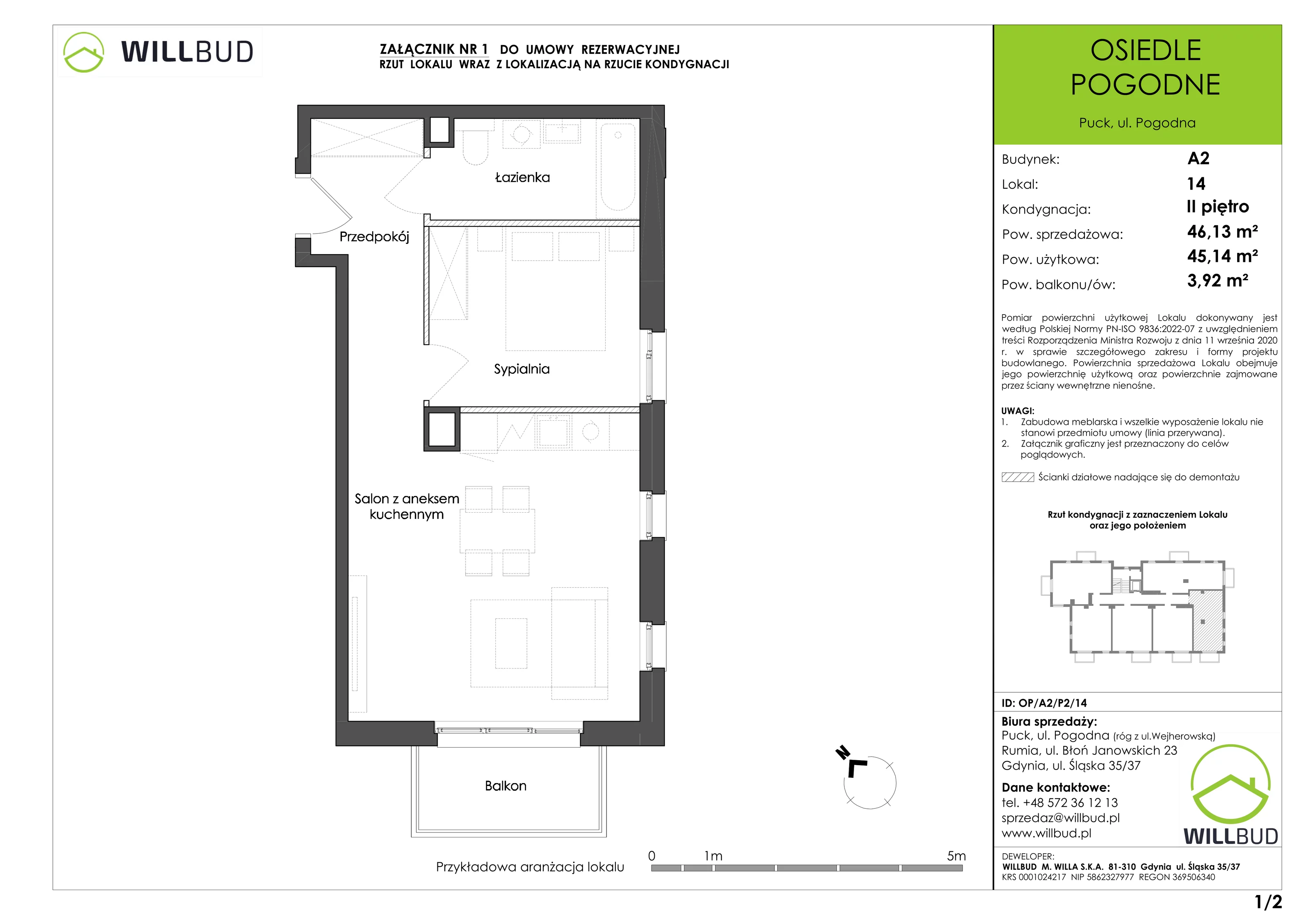 Mieszkanie 46,13 m², piętro 2, oferta nr OP/A2/P2/14, Osiedle Pogodne, Puck, ul. Pogodna