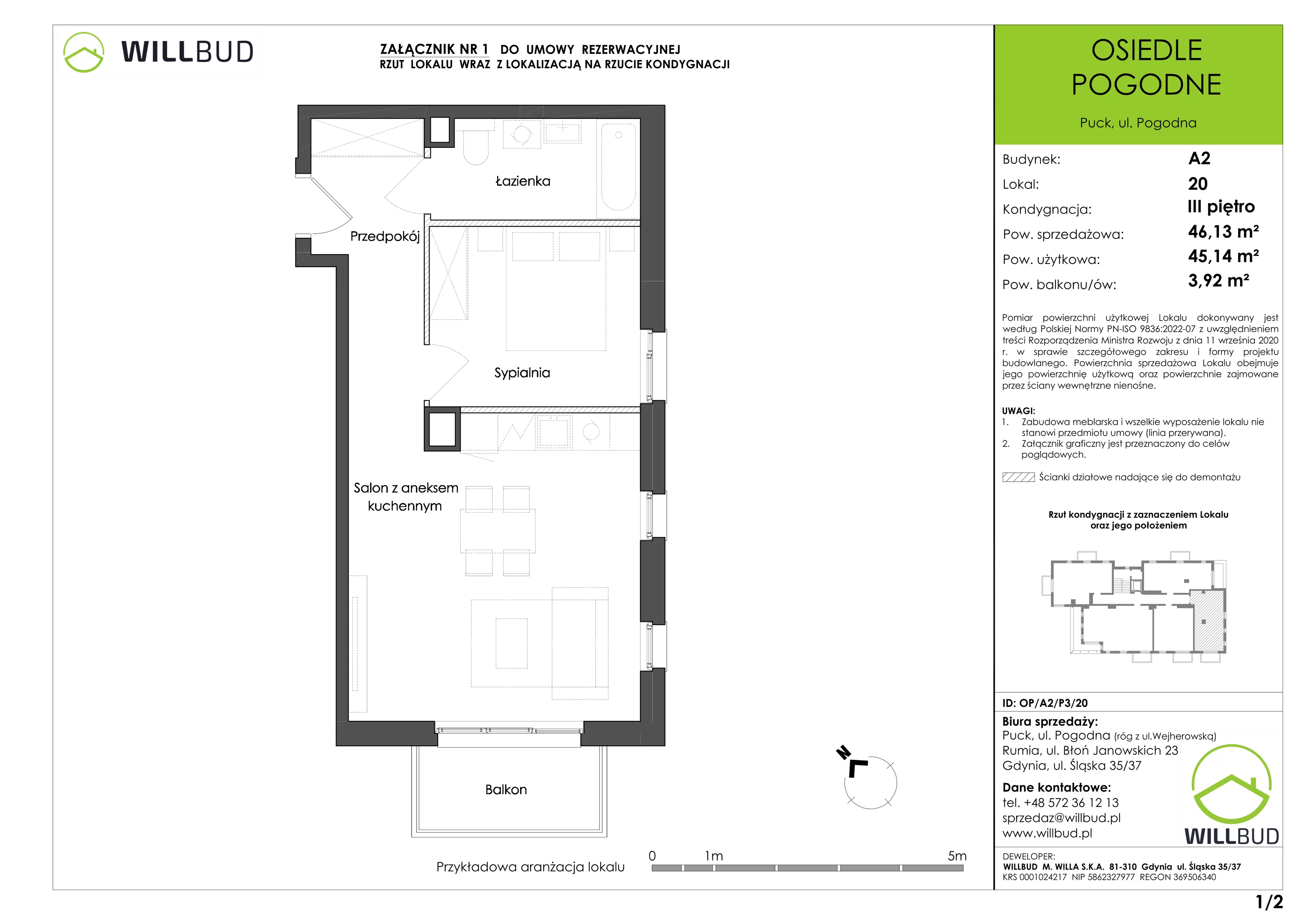 Mieszkanie 46,13 m², piętro 3, oferta nr OP/A2/P3/20, Osiedle Pogodne, Puck, ul. Pogodna