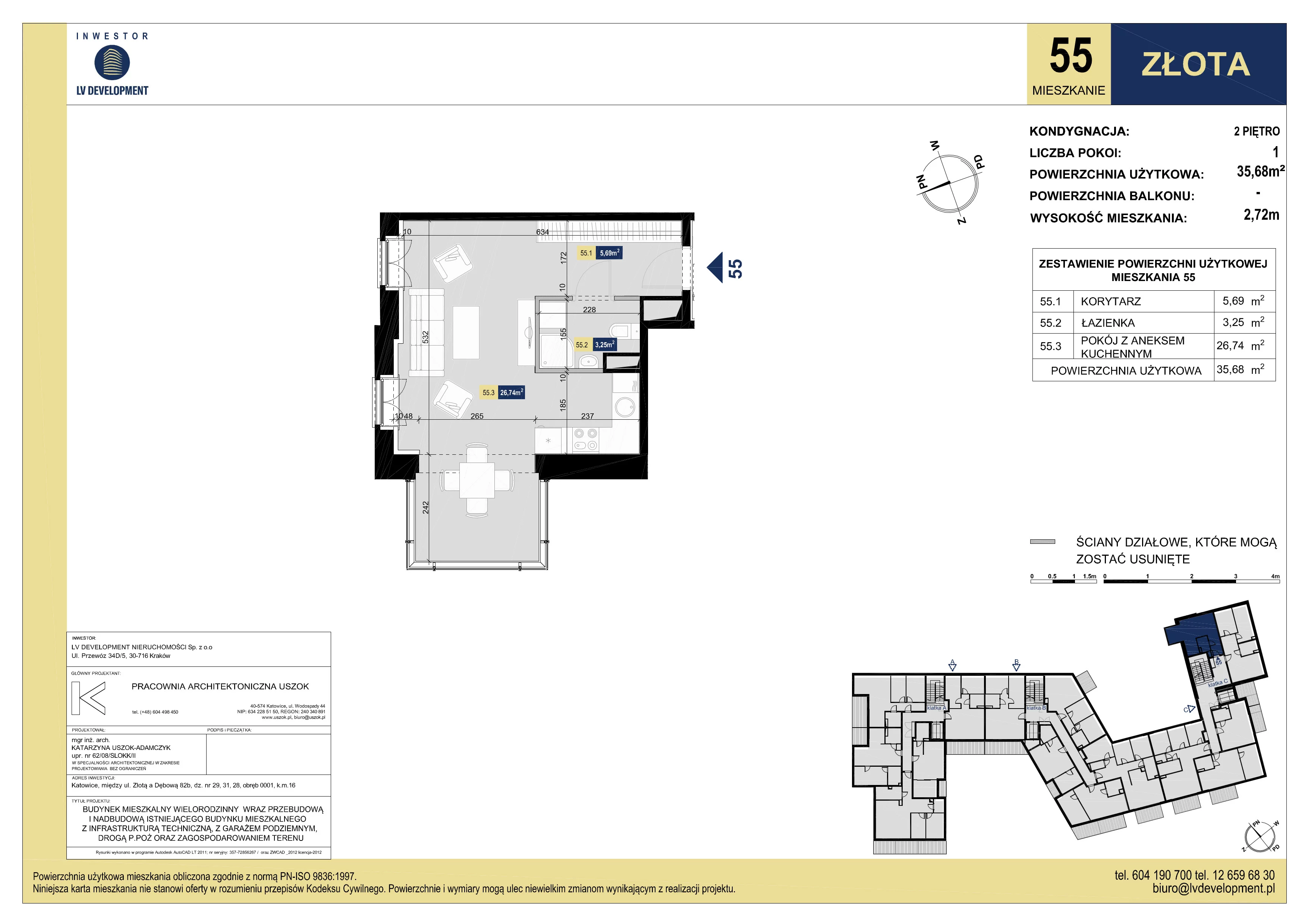 1 pokój, apartament 35,68 m², piętro 2, oferta nr C9, Apartamenty Złota, Katowice, Dąb, ul. Złota 69
