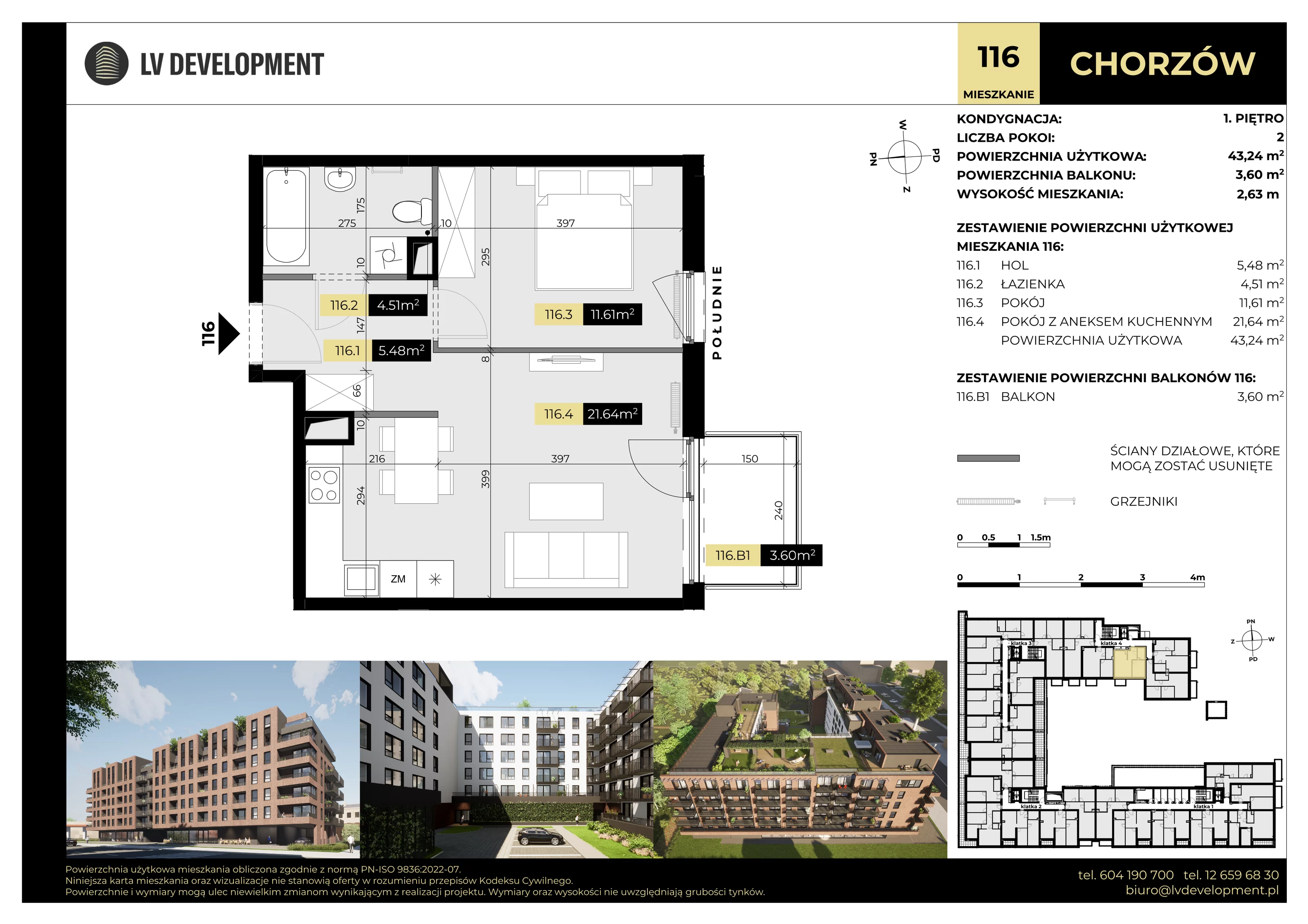 2 pokoje, mieszkanie 43,24 m², piętro 1, oferta nr M.116, Tarasy Śląskie, Chorzów, Chorzów II, ul. 3 Maja