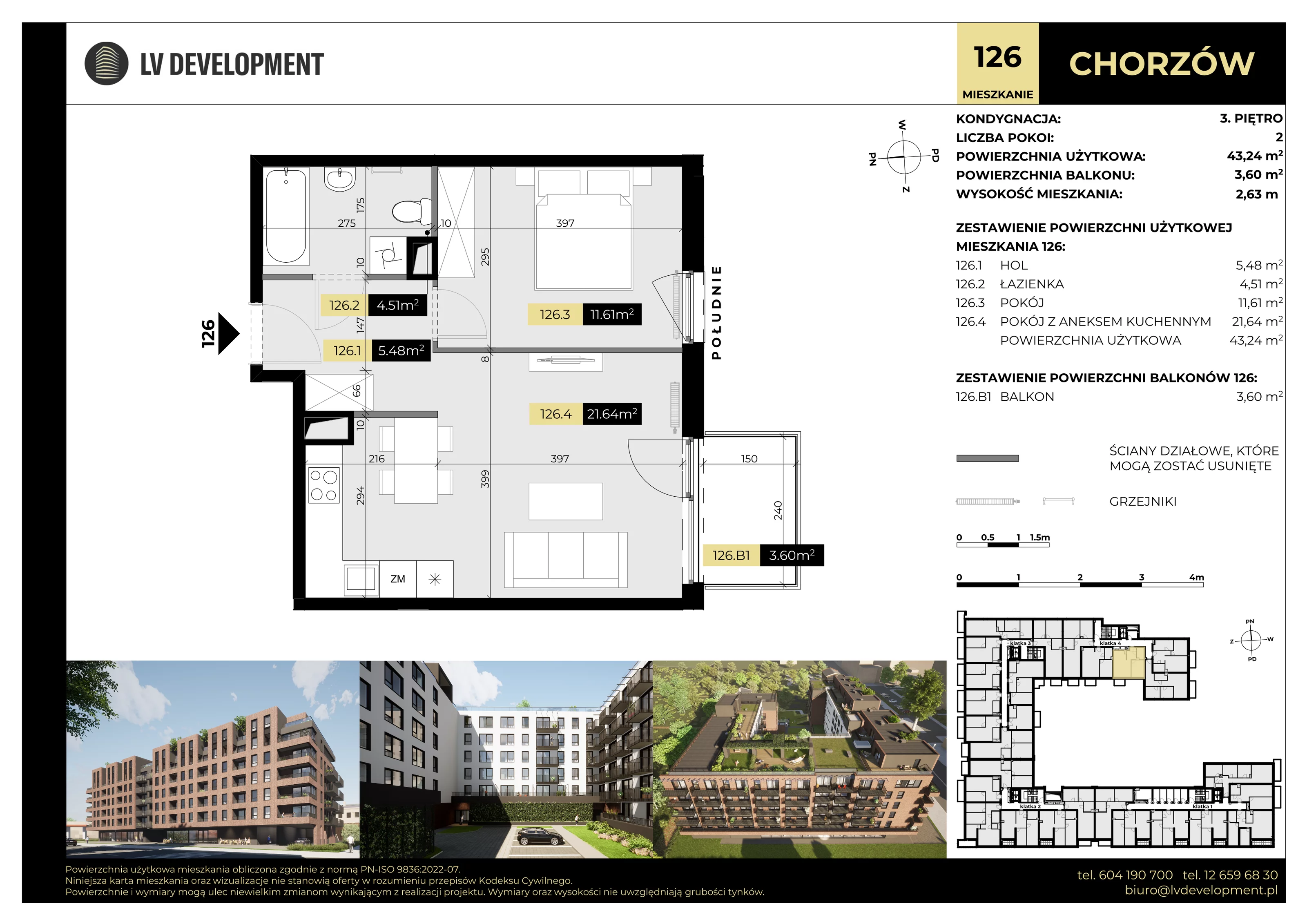 2 pokoje, mieszkanie 43,24 m², piętro 3, oferta nr M.126, Tarasy Śląskie, Chorzów, Chorzów II, ul. 3 Maja