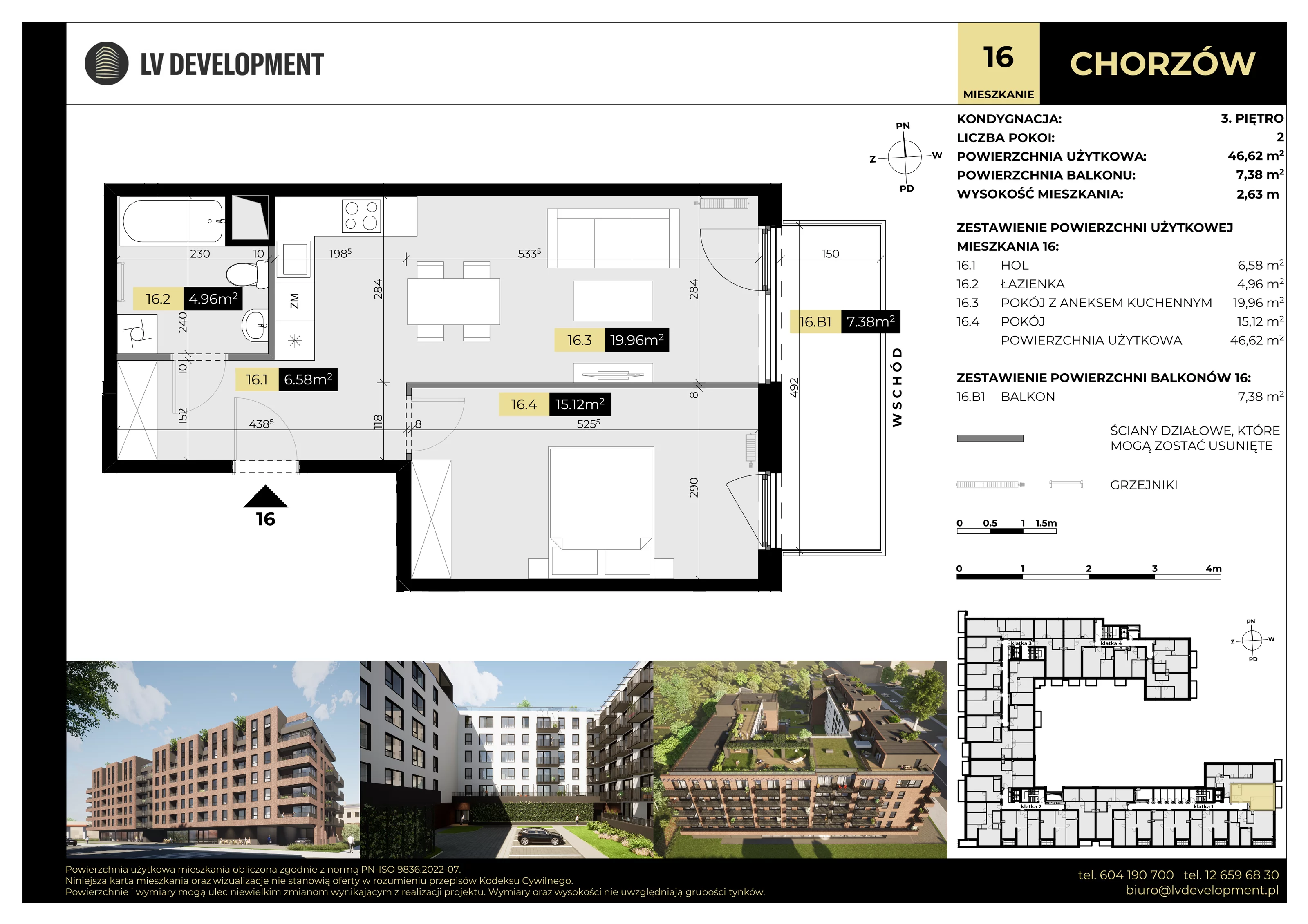 2 pokoje, mieszkanie 46,62 m², piętro 3, oferta nr M.16, Tarasy Śląskie, Chorzów, Chorzów II, ul. 3 Maja