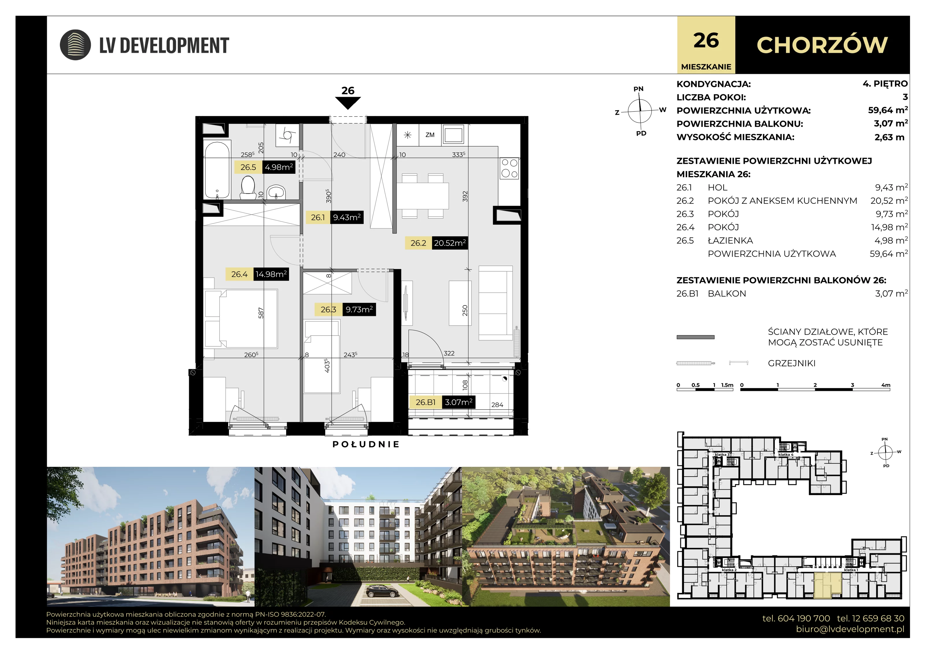 3 pokoje, mieszkanie 59,64 m², piętro 4, oferta nr M.26, Tarasy Śląskie, Chorzów, Chorzów II, ul. 3 Maja