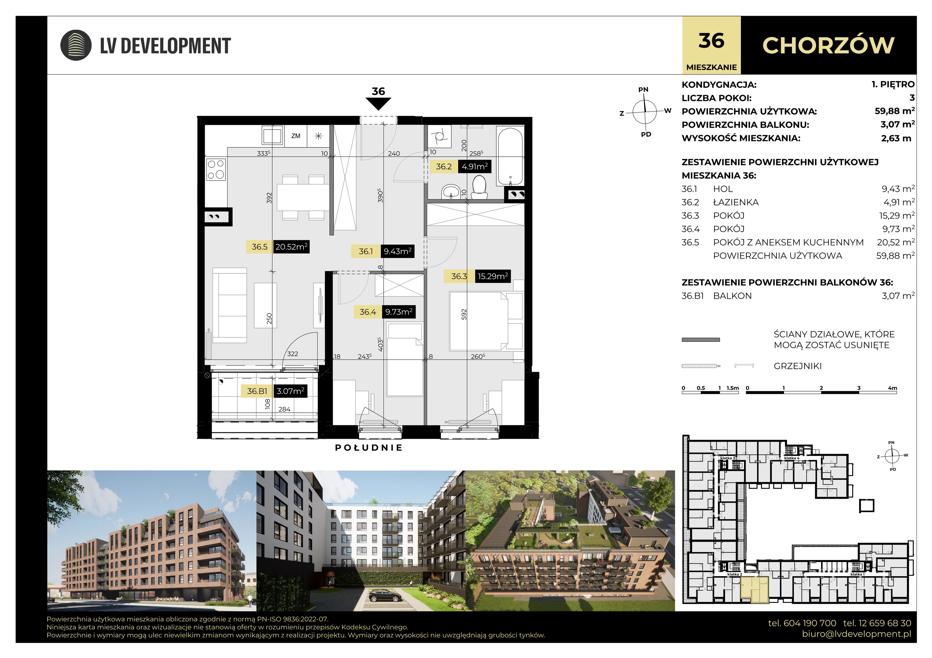 3 pokoje, mieszkanie 59,88 m², piętro 1, oferta nr M.36, Tarasy Śląskie, Chorzów, Chorzów II, ul. 3 Maja