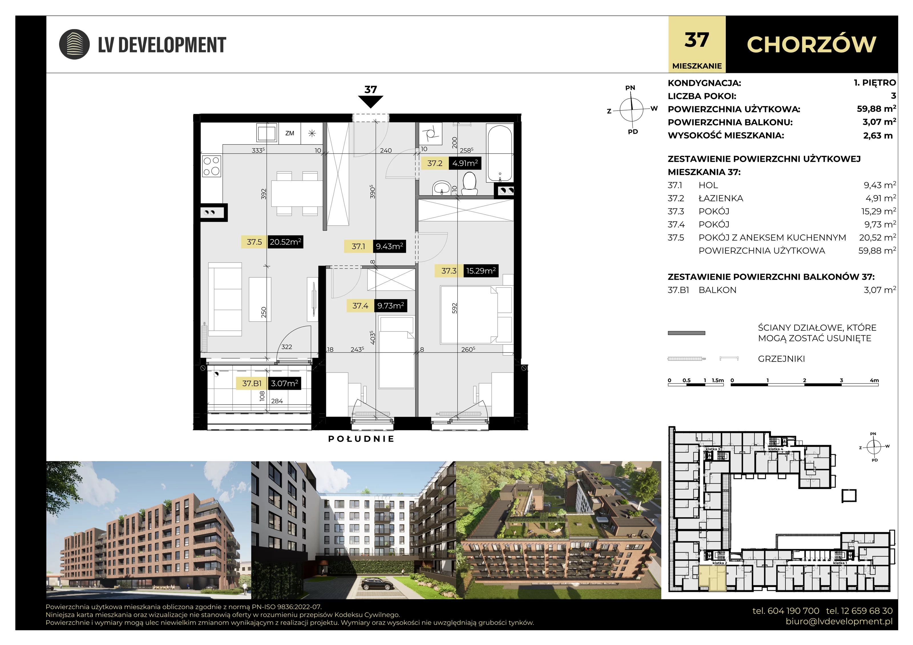 3 pokoje, mieszkanie 59,88 m², piętro 1, oferta nr M.37, Tarasy Śląskie, Chorzów, Chorzów II, ul. 3 Maja