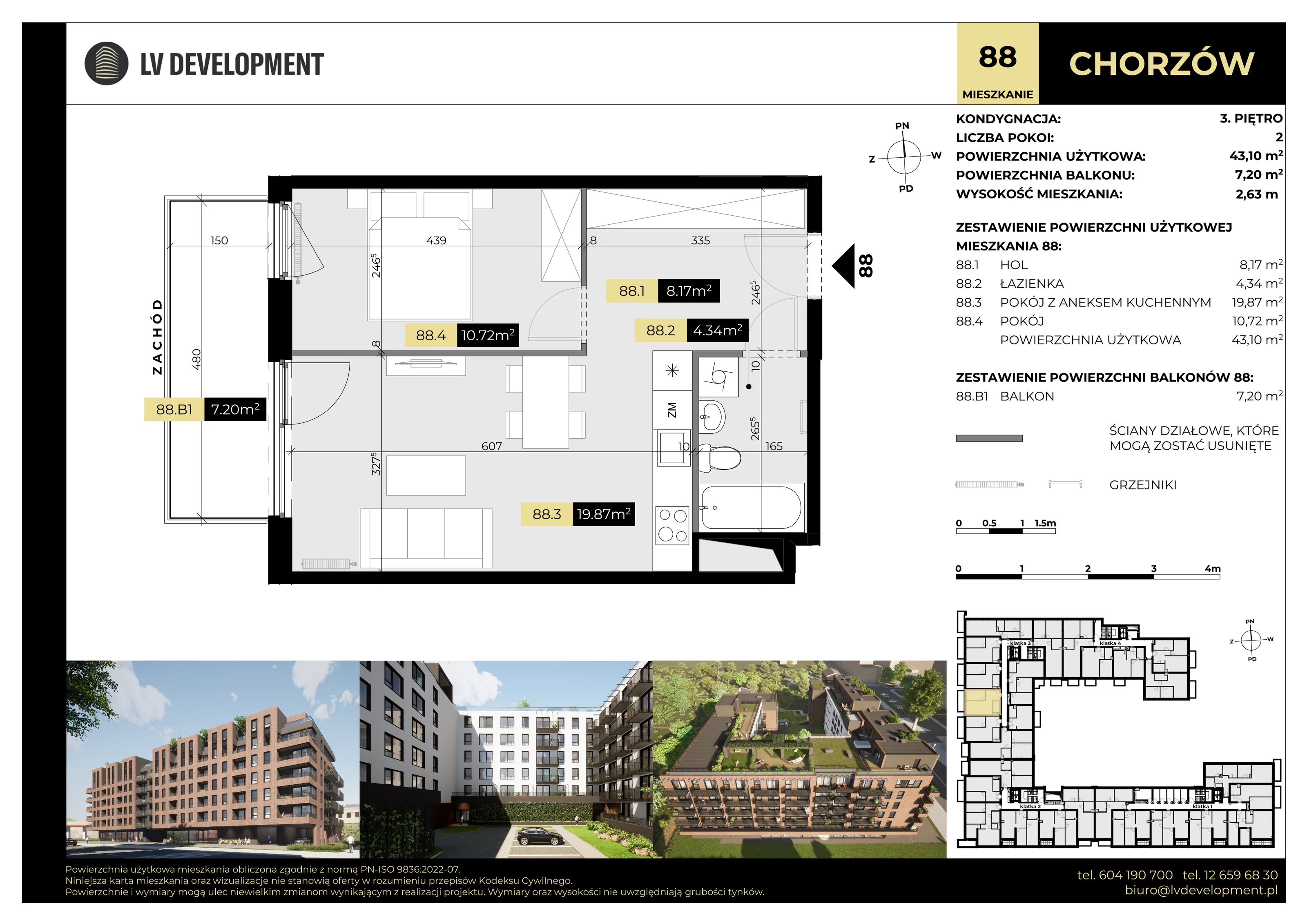 2 pokoje, mieszkanie 43,10 m², piętro 3, oferta nr M.88, Tarasy Śląskie, Chorzów, Chorzów II, ul. 3 Maja