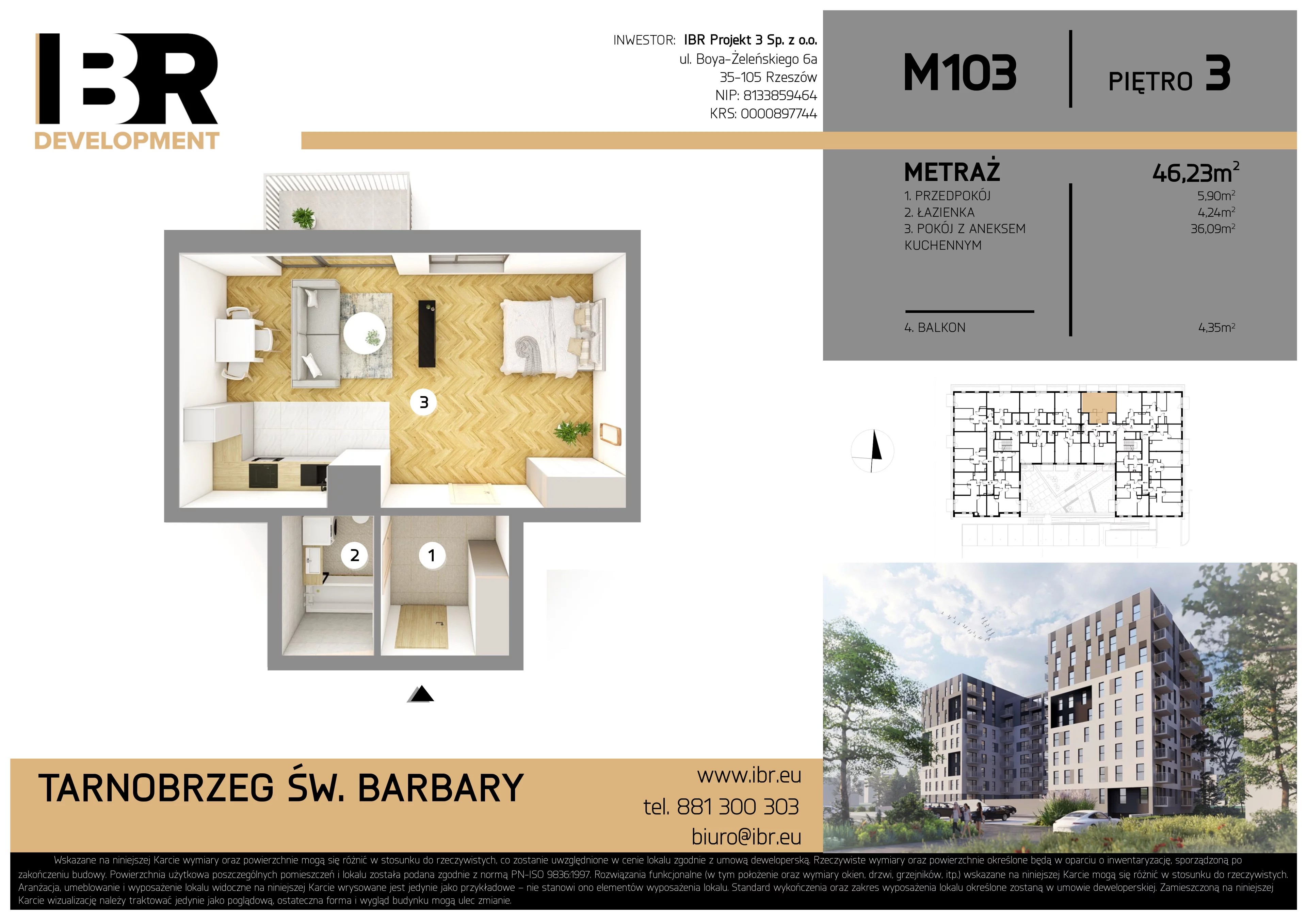 2 pokoje, mieszkanie 46,23 m², piętro 3, oferta nr M103, Osiedle Św. Barbary, Tarnobrzeg, Siarkowiec, ul. Świętej Barbary 9a