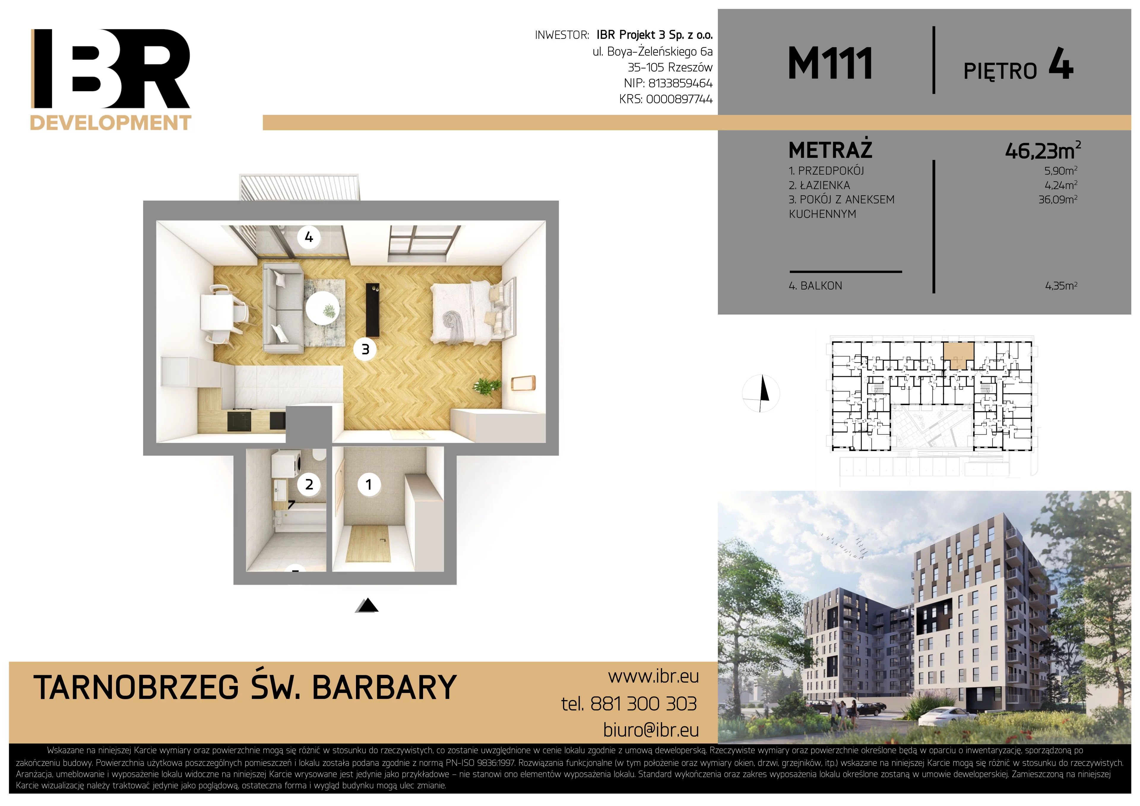 2 pokoje, mieszkanie 46,23 m², piętro 4, oferta nr M111, Osiedle Św. Barbary, Tarnobrzeg, Siarkowiec, ul. Świętej Barbary 9a