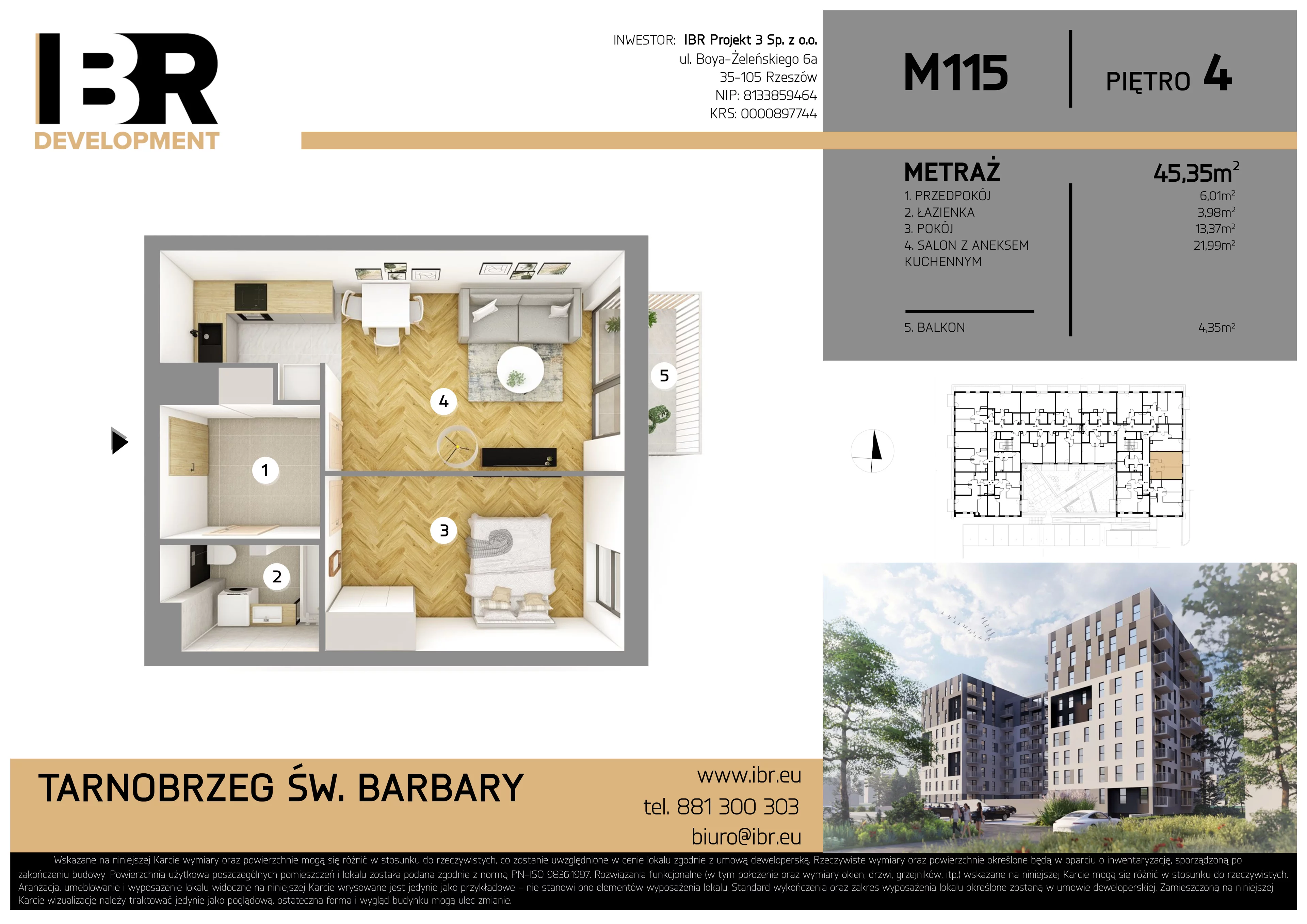 2 pokoje, mieszkanie 45,35 m², piętro 4, oferta nr M115, Osiedle Św. Barbary, Tarnobrzeg, Siarkowiec, ul. Świętej Barbary 9a