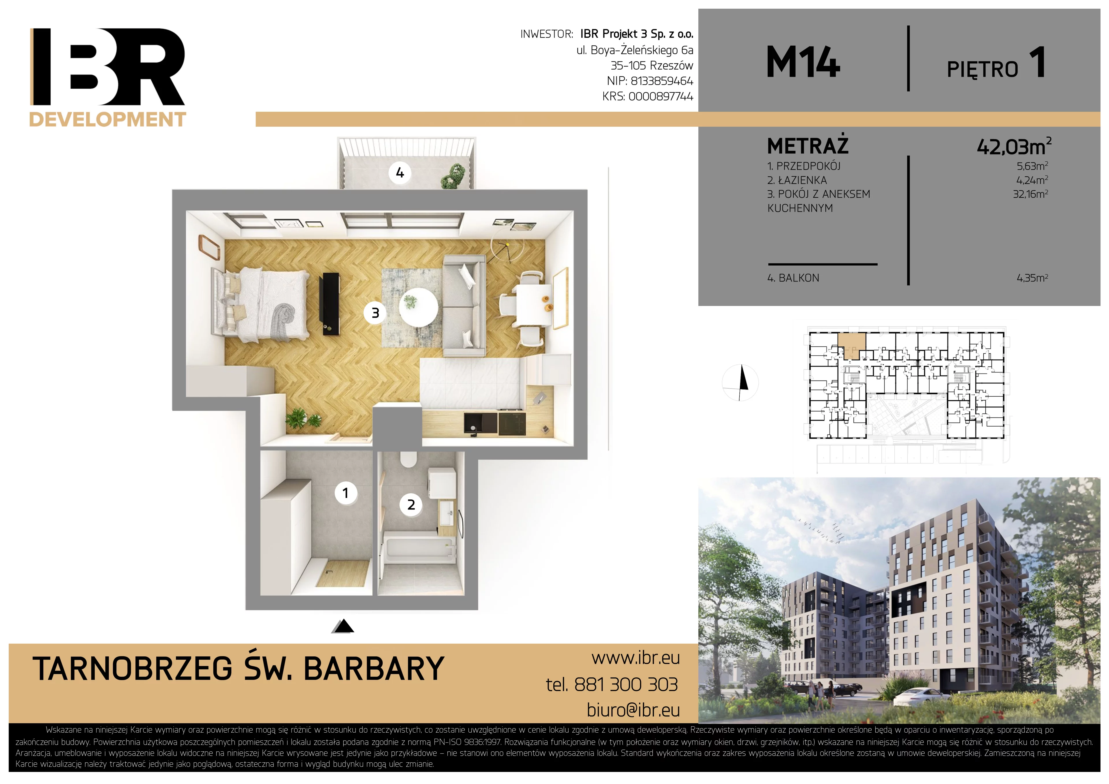 2 pokoje, mieszkanie 42,03 m², piętro 1, oferta nr M14, Osiedle Św. Barbary, Tarnobrzeg, Siarkowiec, ul. Świętej Barbary 9a