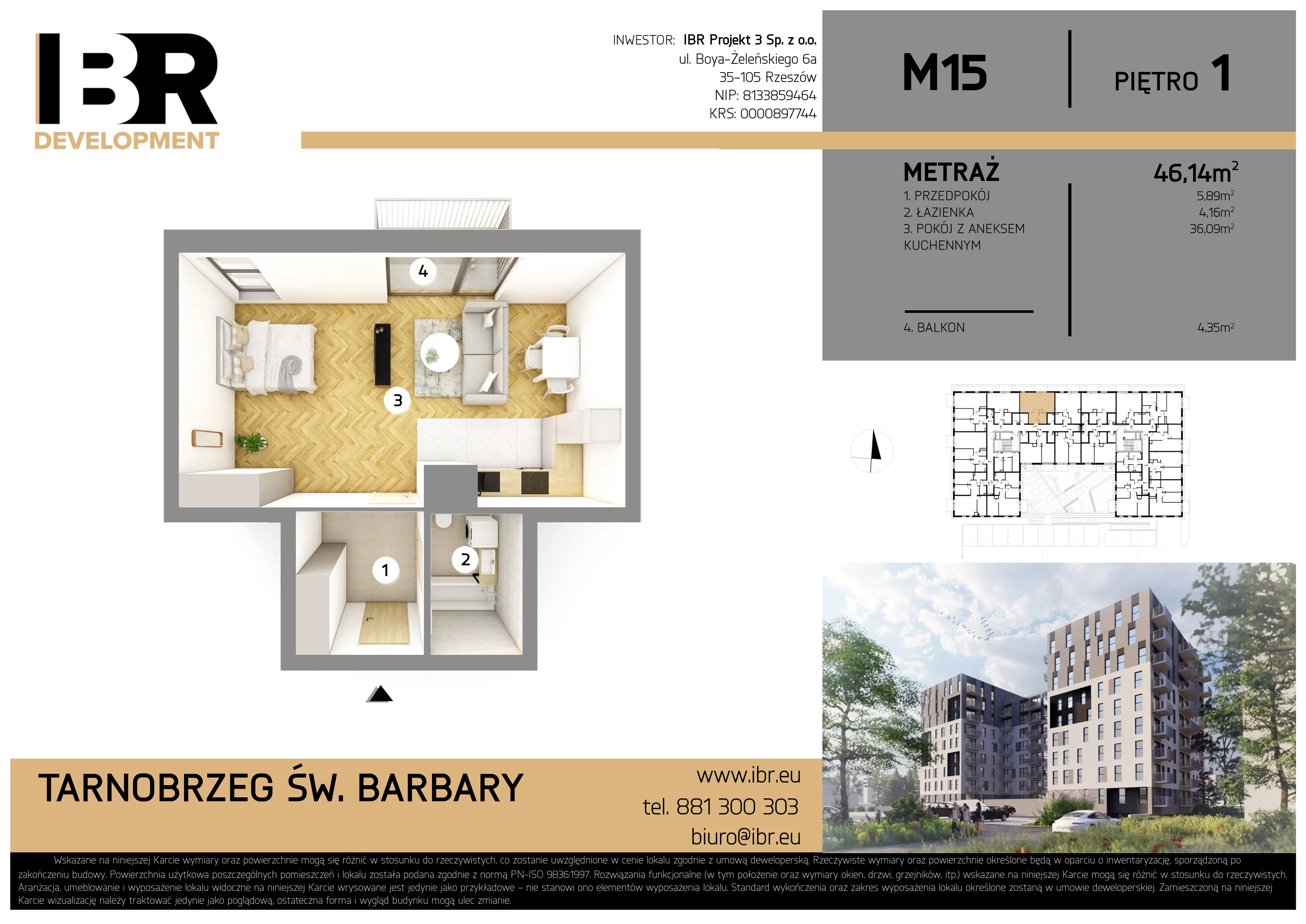 2 pokoje, mieszkanie 46,14 m², piętro 1, oferta nr M15, Osiedle Św. Barbary, Tarnobrzeg, Siarkowiec, ul. Świętej Barbary 9a