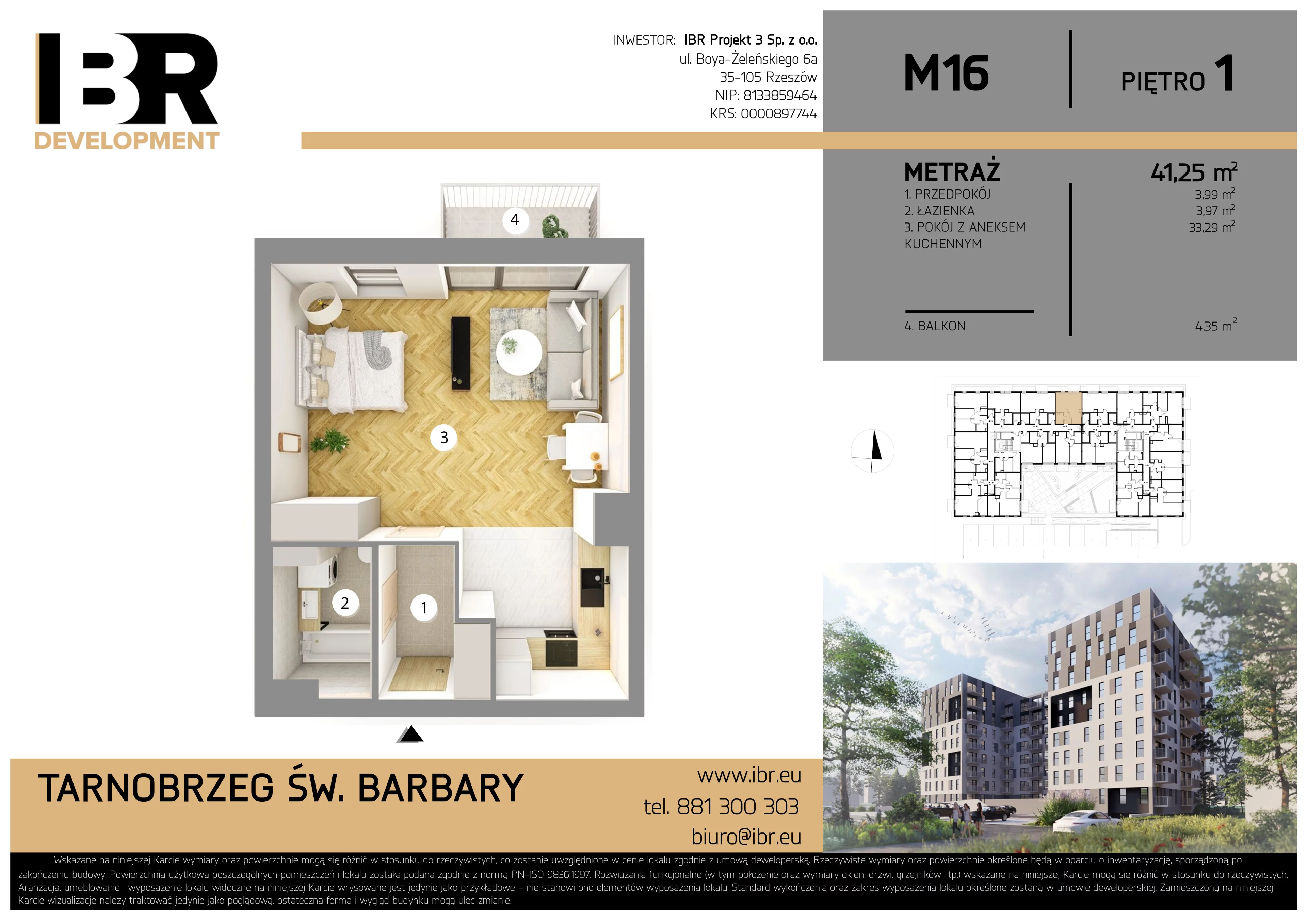 1 pokój, mieszkanie 41,25 m², piętro 1, oferta nr M16, Osiedle Św. Barbary, Tarnobrzeg, Siarkowiec, ul. Świętej Barbary 9a