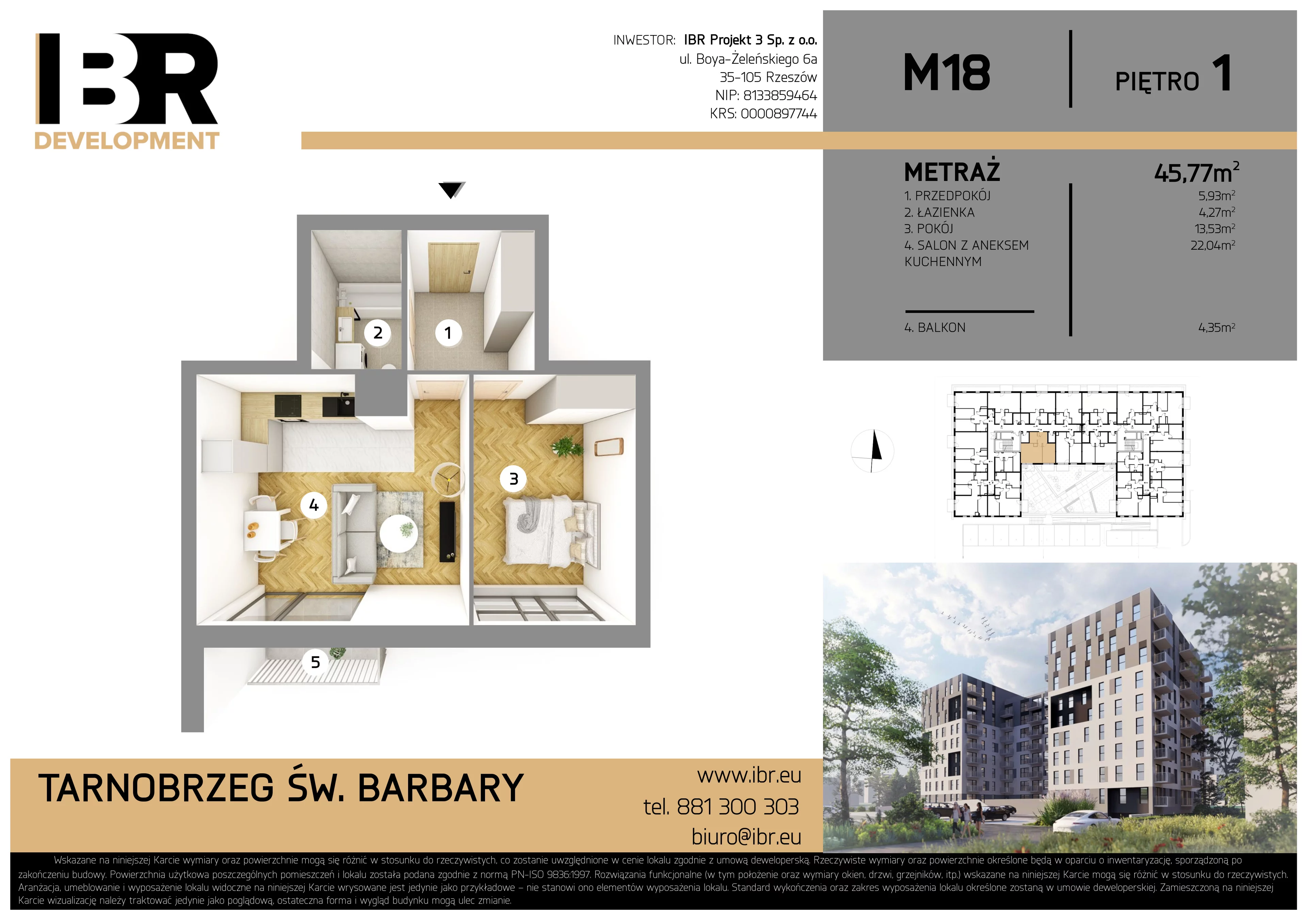 2 pokoje, mieszkanie 45,77 m², piętro 1, oferta nr M18, Osiedle Św. Barbary, Tarnobrzeg, Siarkowiec, ul. Świętej Barbary 9a