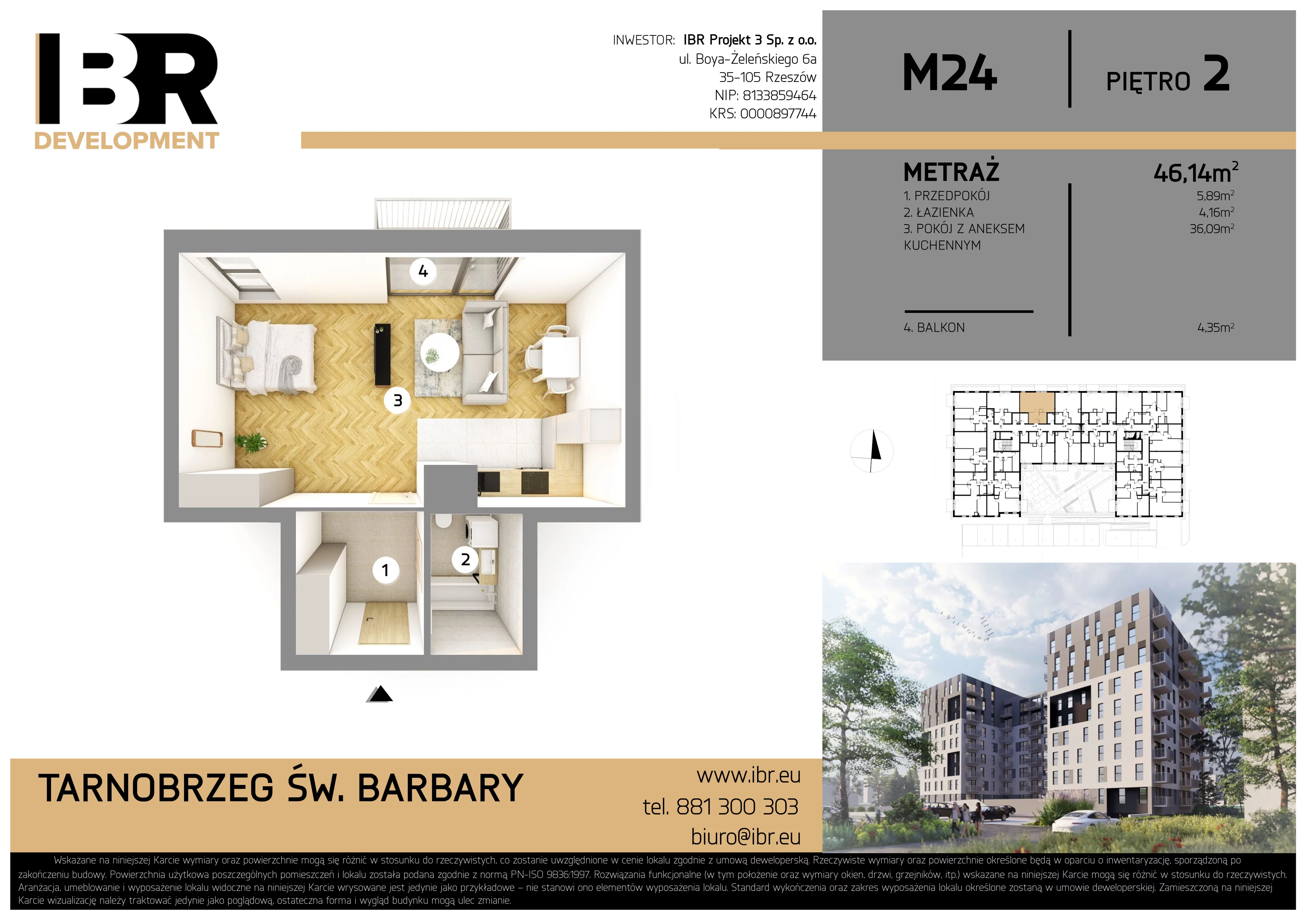 2 pokoje, mieszkanie 46,14 m², piętro 2, oferta nr M24, Osiedle Św. Barbary, Tarnobrzeg, Siarkowiec, ul. Świętej Barbary 9a