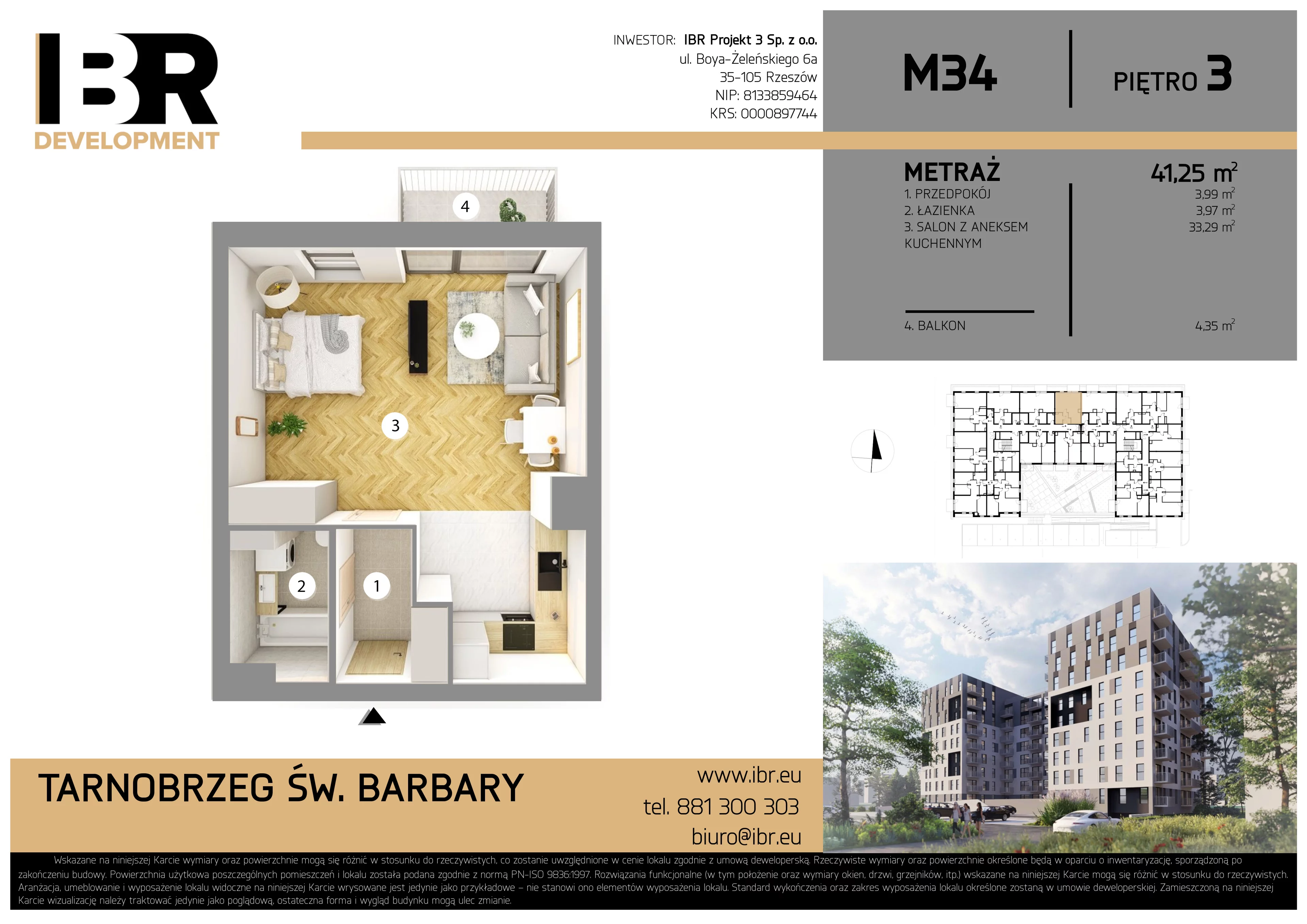 1 pokój, mieszkanie 41,25 m², piętro 3, oferta nr M34, Osiedle Św. Barbary, Tarnobrzeg, Siarkowiec, ul. Świętej Barbary 9a