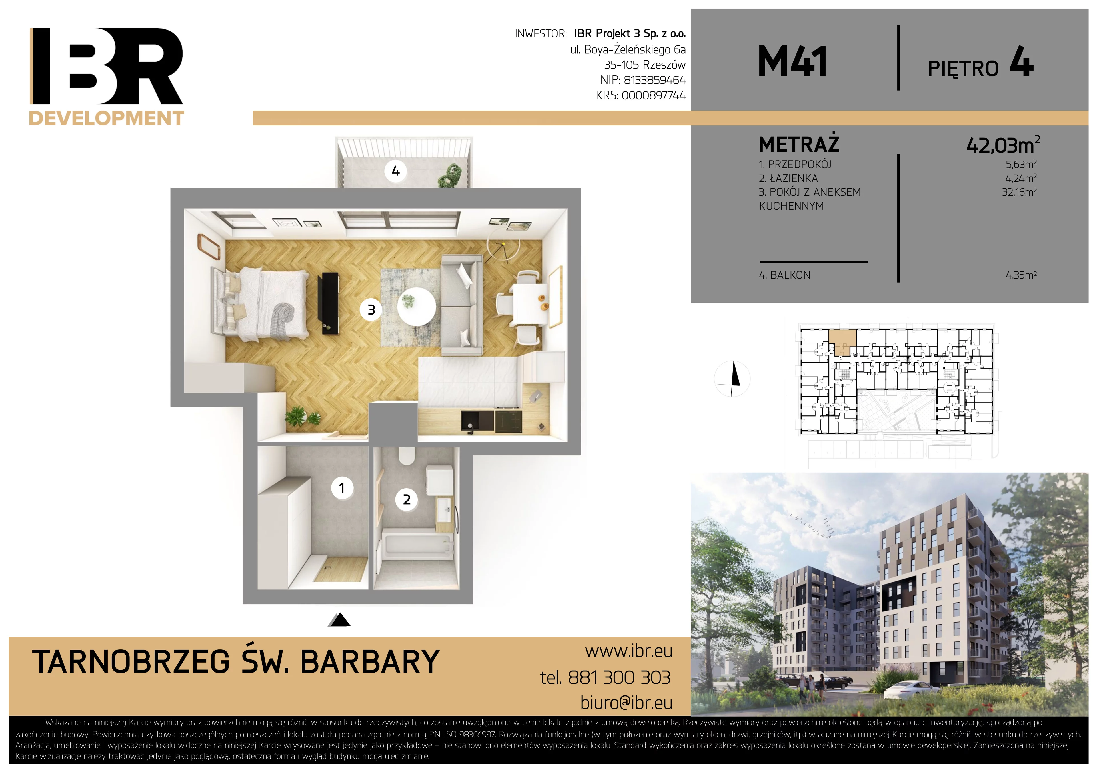 2 pokoje, mieszkanie 42,03 m², piętro 4, oferta nr M41, Osiedle Św. Barbary, Tarnobrzeg, Siarkowiec, ul. Świętej Barbary 9a