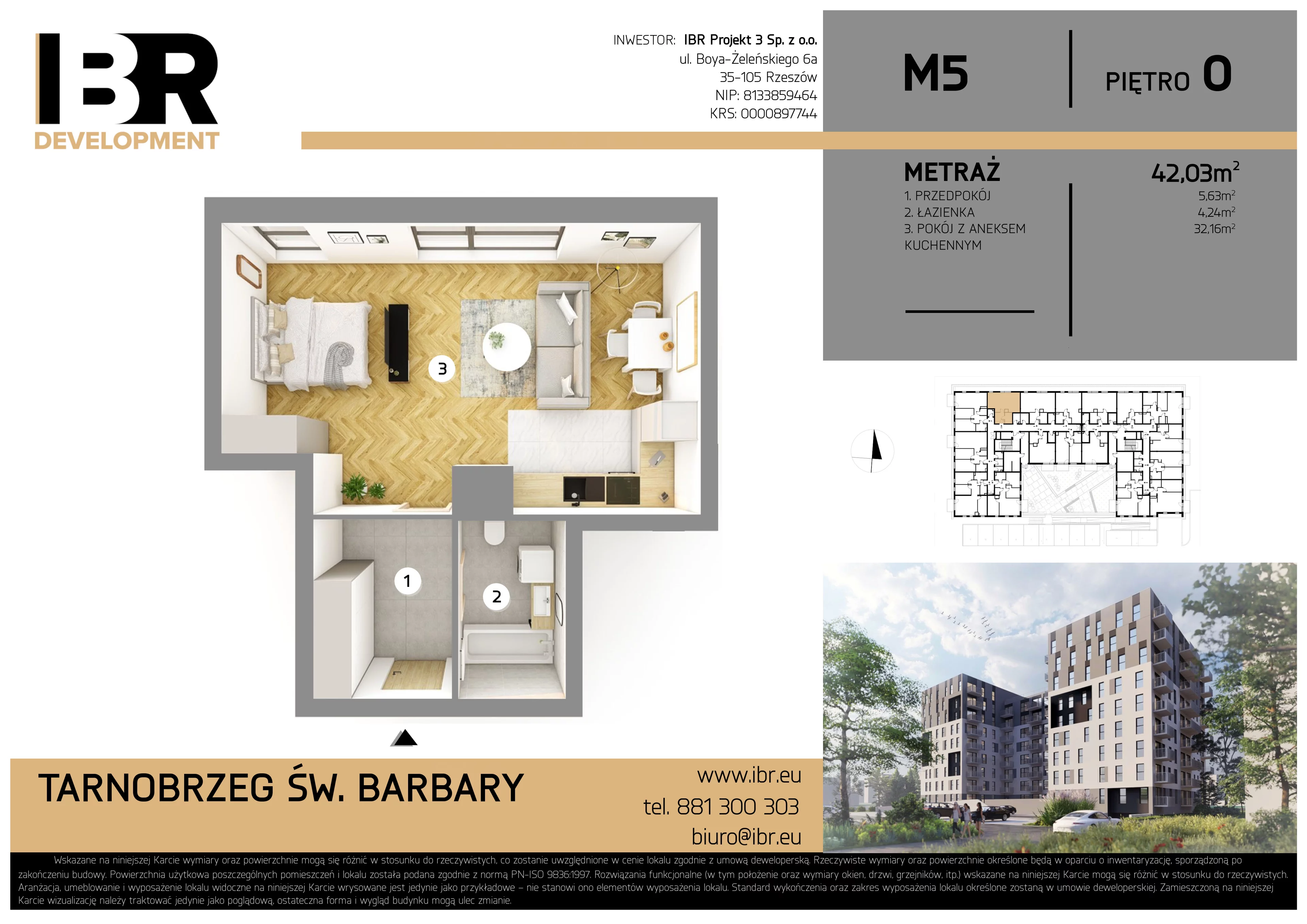 2 pokoje, mieszkanie 42,03 m², parter, oferta nr M5, Osiedle Św. Barbary, Tarnobrzeg, Siarkowiec, ul. Świętej Barbary 9a