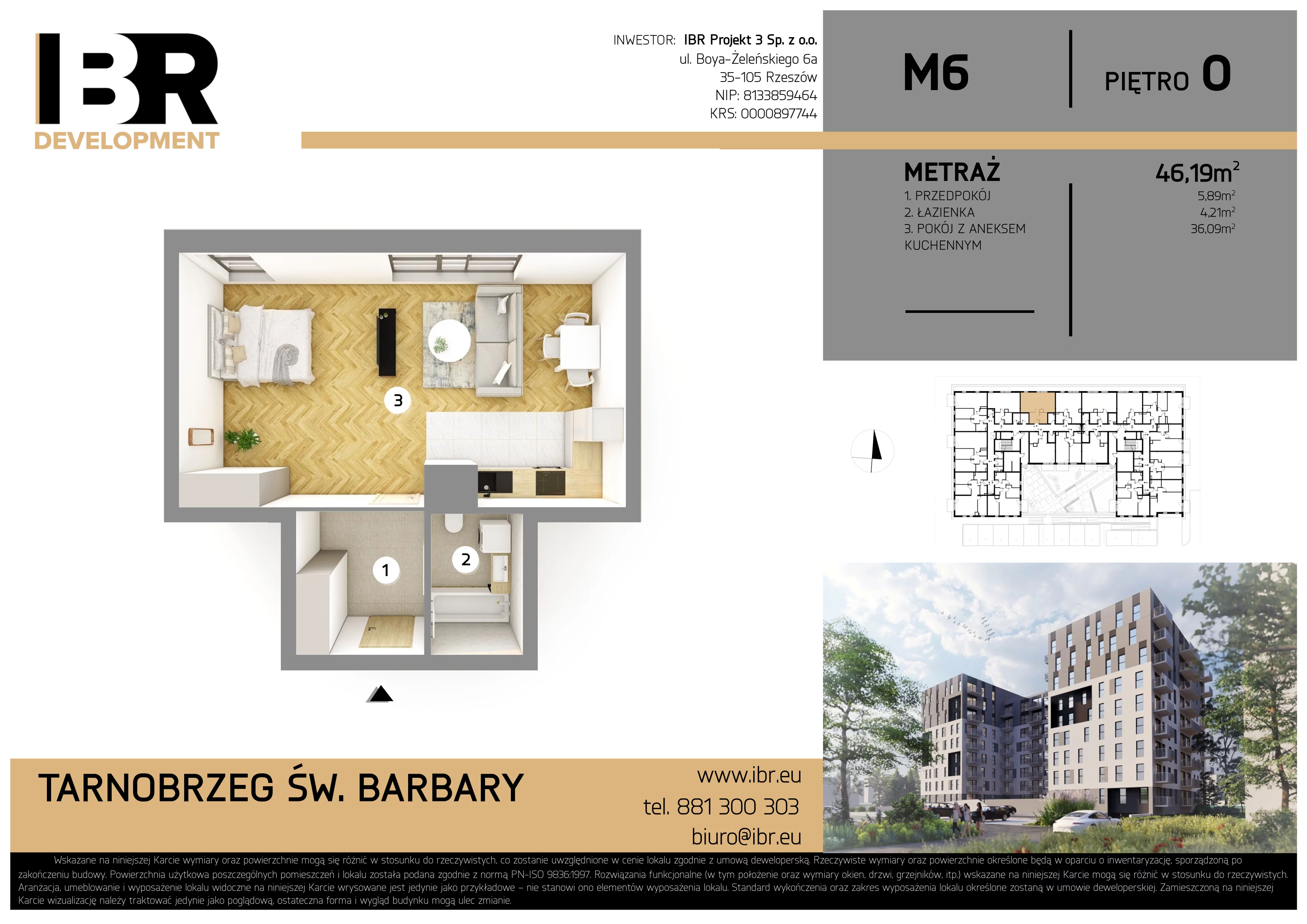 2 pokoje, mieszkanie 46,19 m², parter, oferta nr M6, Osiedle Św. Barbary, Tarnobrzeg, Siarkowiec, ul. Świętej Barbary 9a