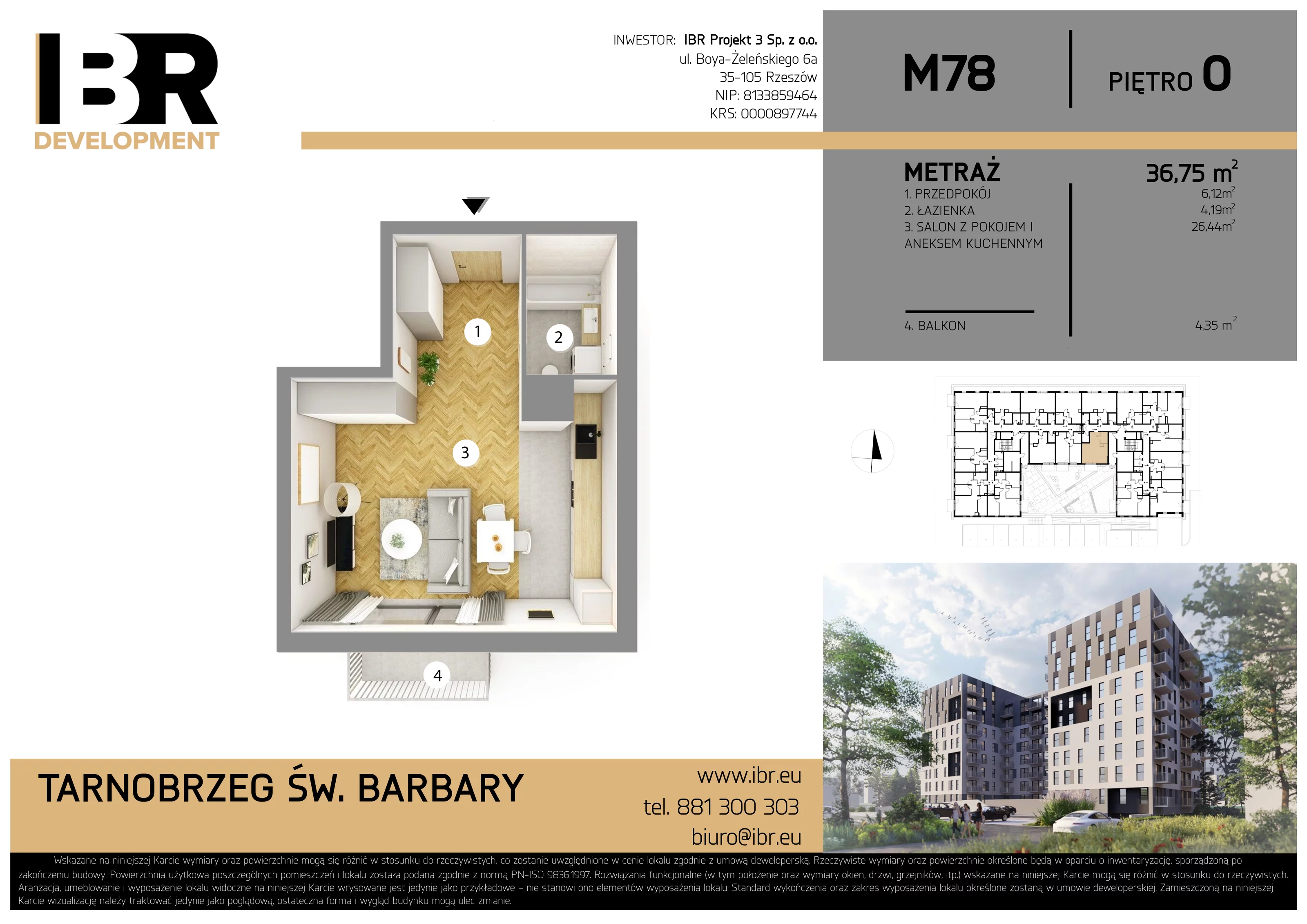 1 pokój, mieszkanie 36,75 m², parter, oferta nr M78, Osiedle Św. Barbary, Tarnobrzeg, Siarkowiec, ul. Świętej Barbary 9a