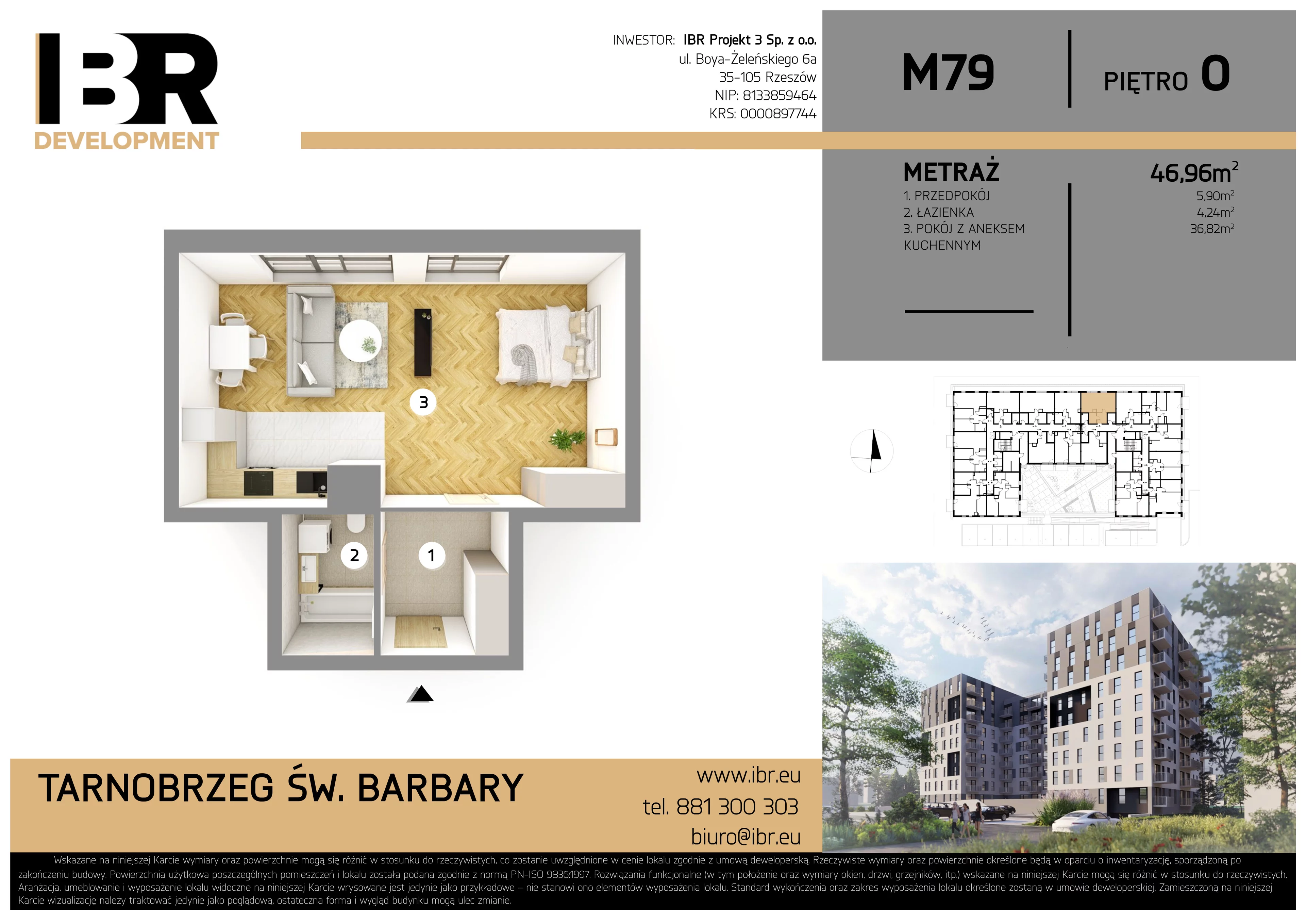 2 pokoje, mieszkanie 46,96 m², parter, oferta nr M79, Osiedle Św. Barbary, Tarnobrzeg, Siarkowiec, ul. Świętej Barbary 9a