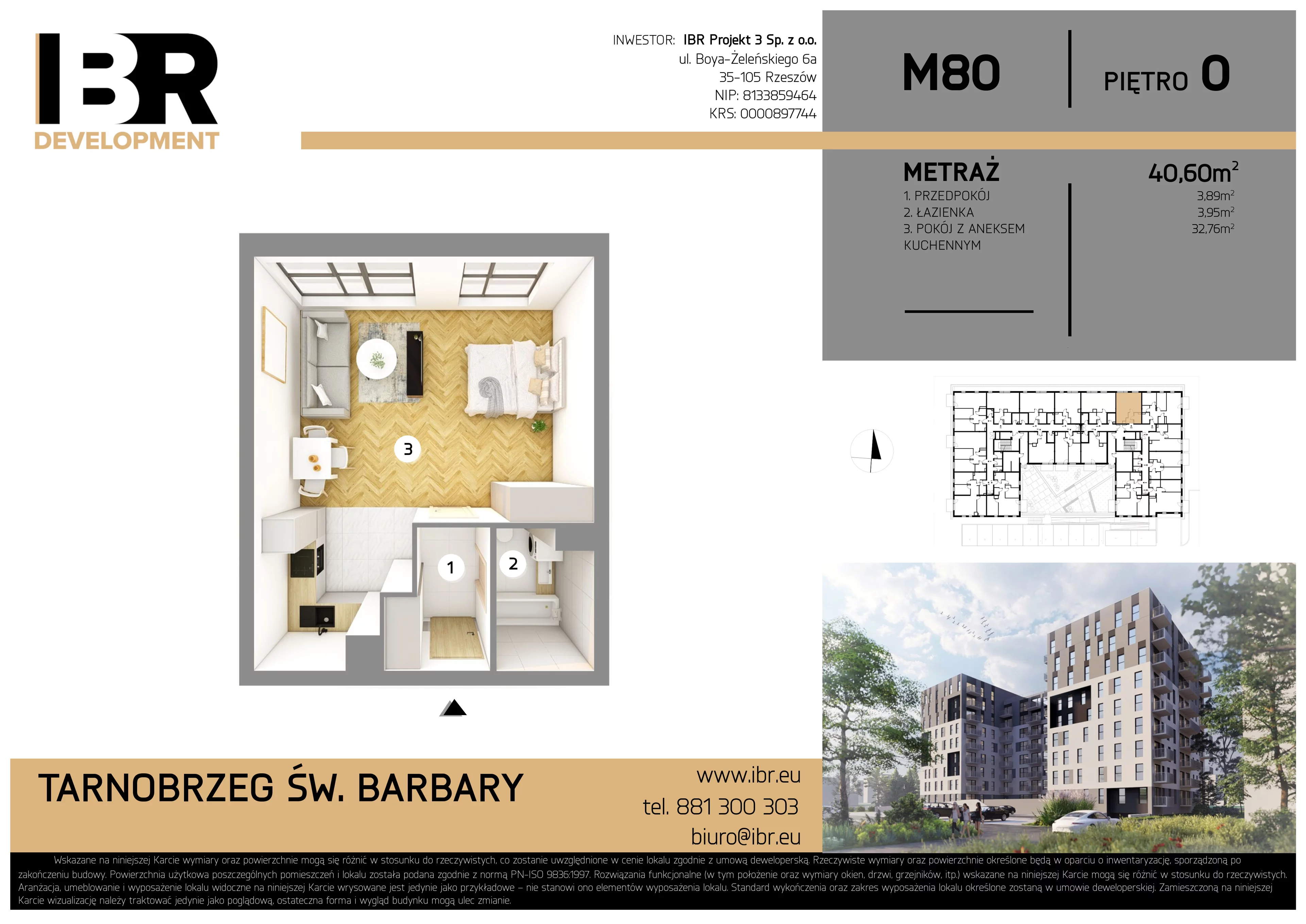 1 pokój, mieszkanie 40,60 m², parter, oferta nr M80, Osiedle Św. Barbary, Tarnobrzeg, Siarkowiec, ul. Świętej Barbary 9a