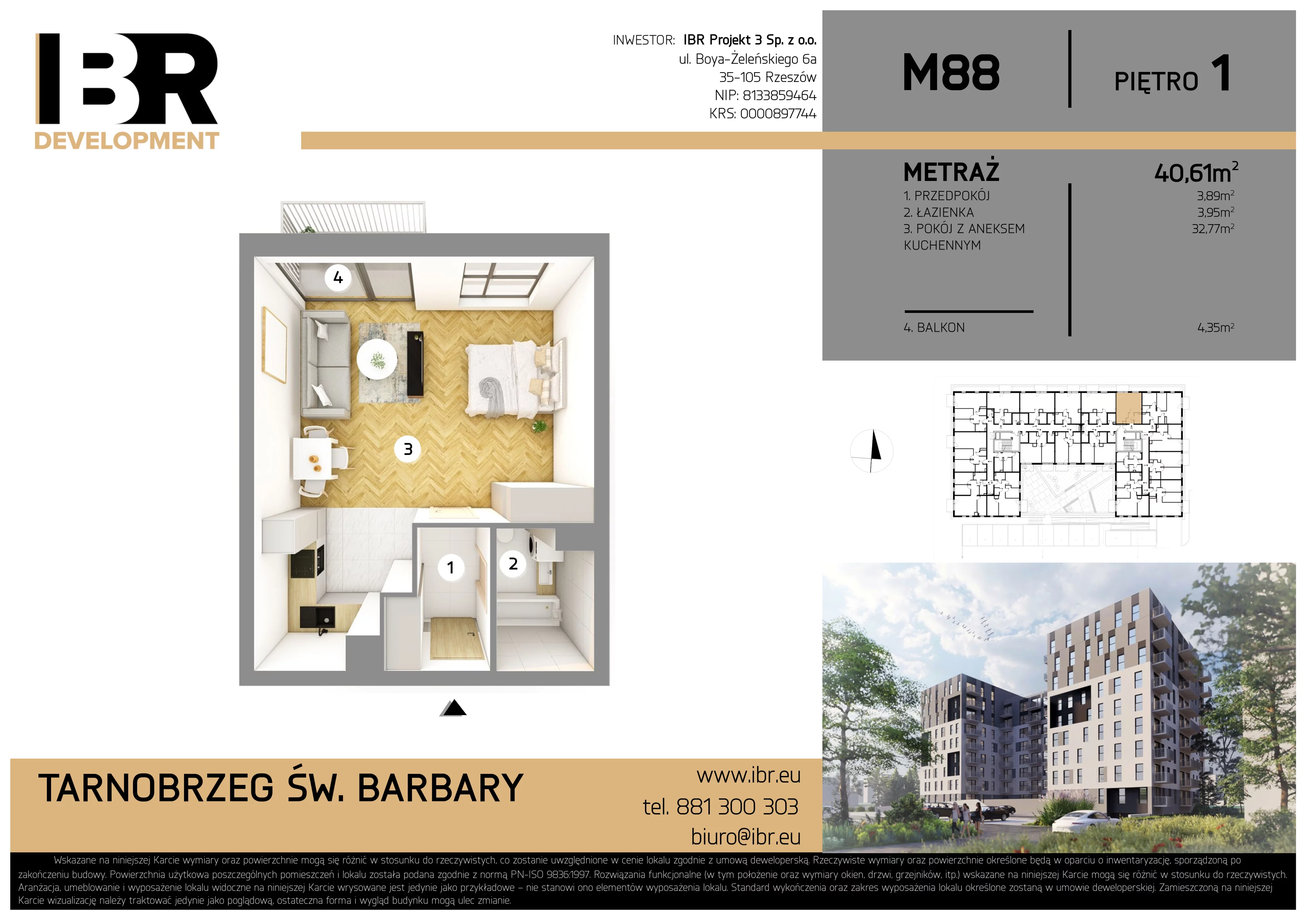 1 pokój, mieszkanie 40,61 m², piętro 1, oferta nr M88, Osiedle Św. Barbary, Tarnobrzeg, Siarkowiec, ul. Świętej Barbary 9a