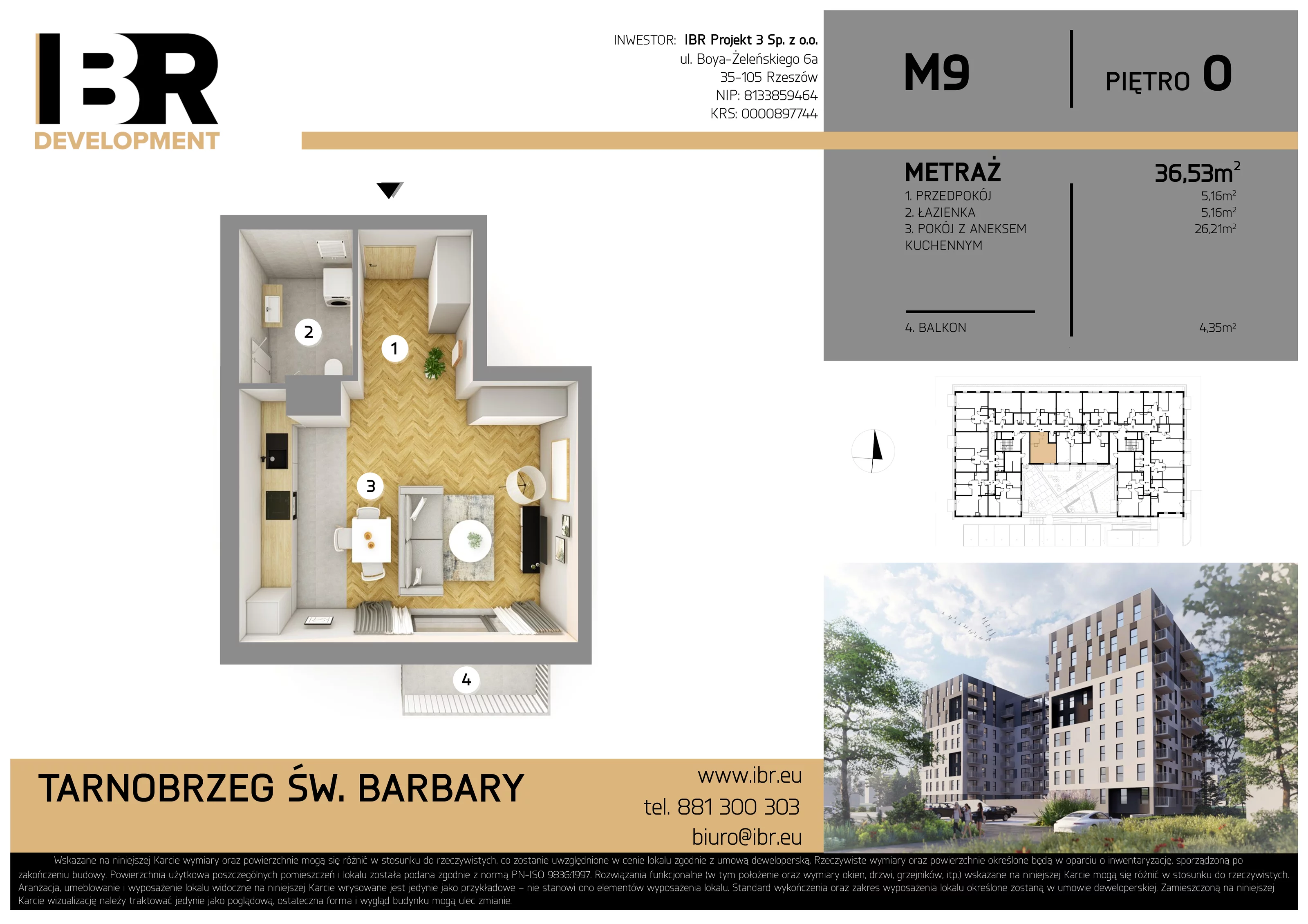 1 pokój, mieszkanie 36,53 m², parter, oferta nr M9, Osiedle Św. Barbary, Tarnobrzeg, Siarkowiec, ul. Świętej Barbary 9a