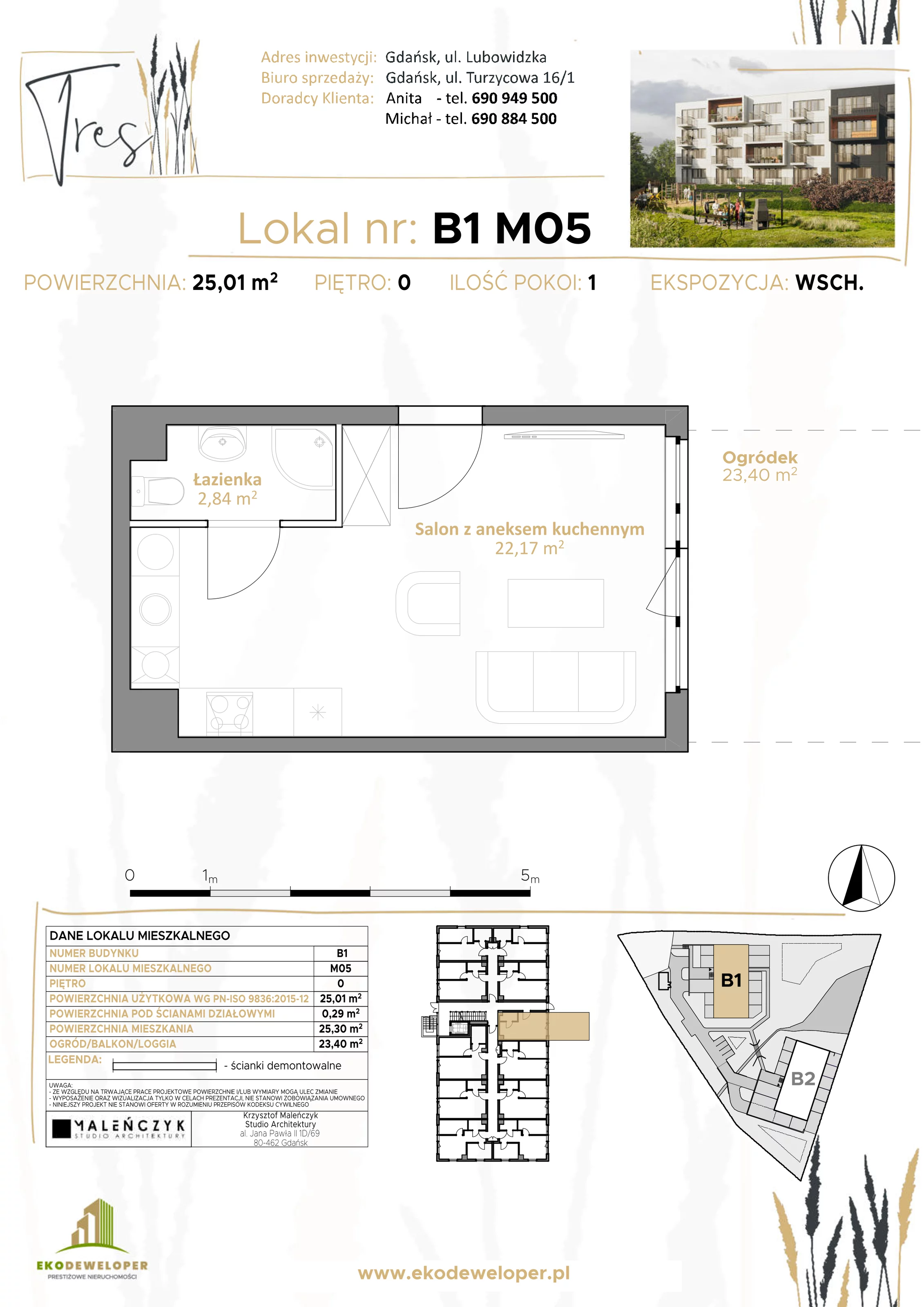 1 pokój, mieszkanie 25,01 m², parter, oferta nr B1.M05, Tres, Gdańsk, Jasień, ul. Lubowidzka