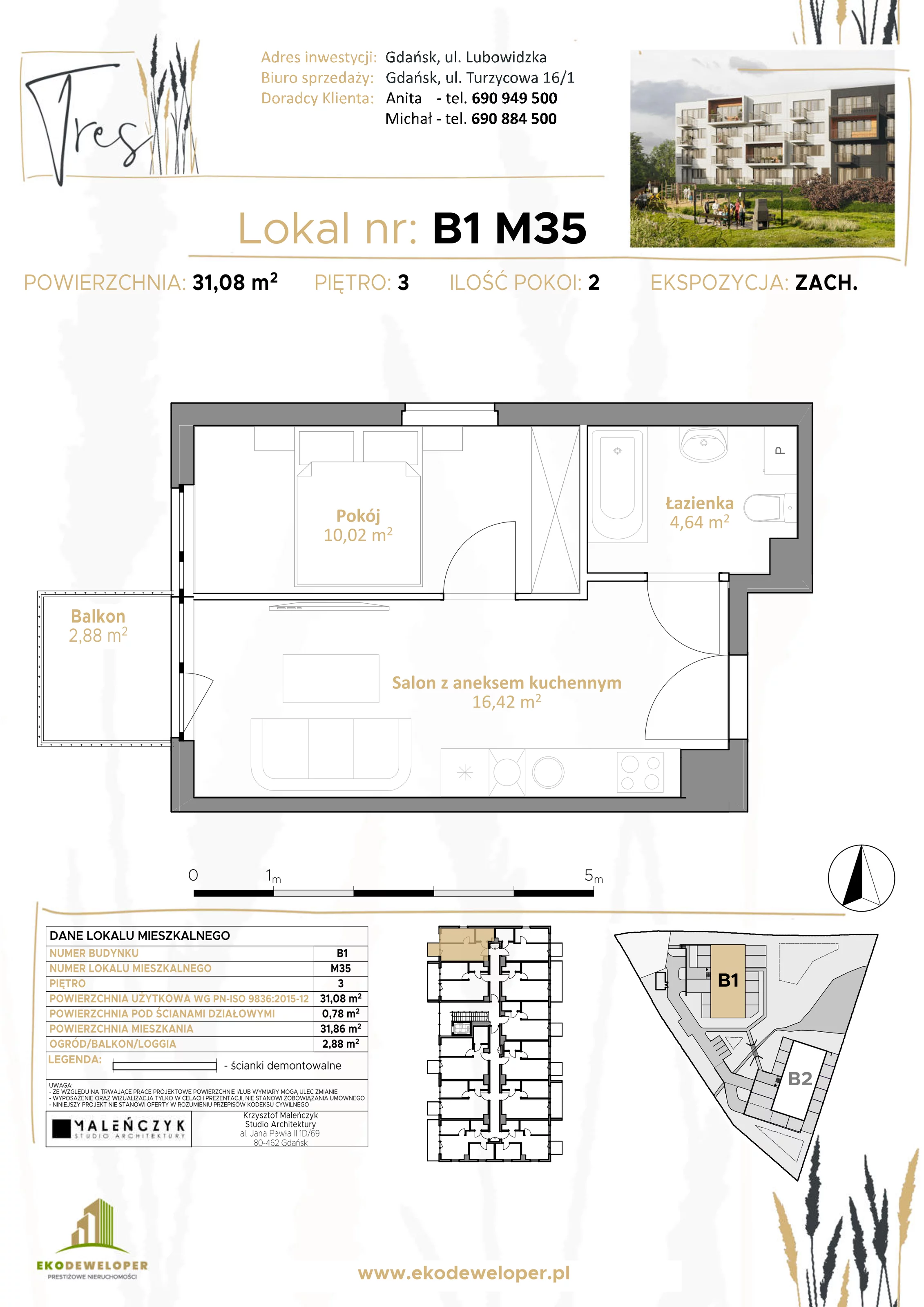 2 pokoje, mieszkanie 31,08 m², piętro 3, oferta nr B1.M35, Tres, Gdańsk, Jasień, ul. Lubowidzka