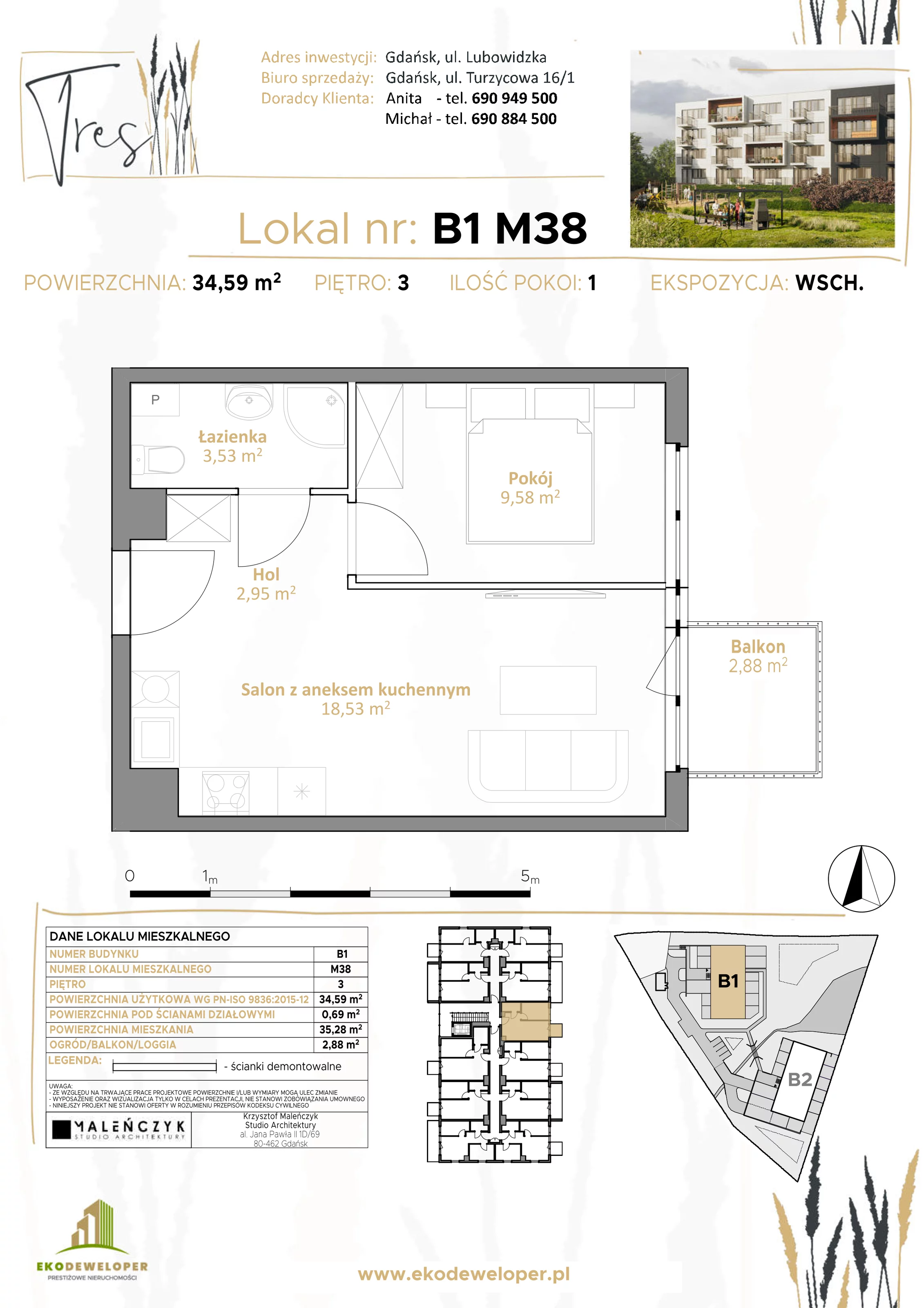 2 pokoje, mieszkanie 34,59 m², piętro 3, oferta nr B1.M38, Tres, Gdańsk, Jasień, ul. Lubowidzka