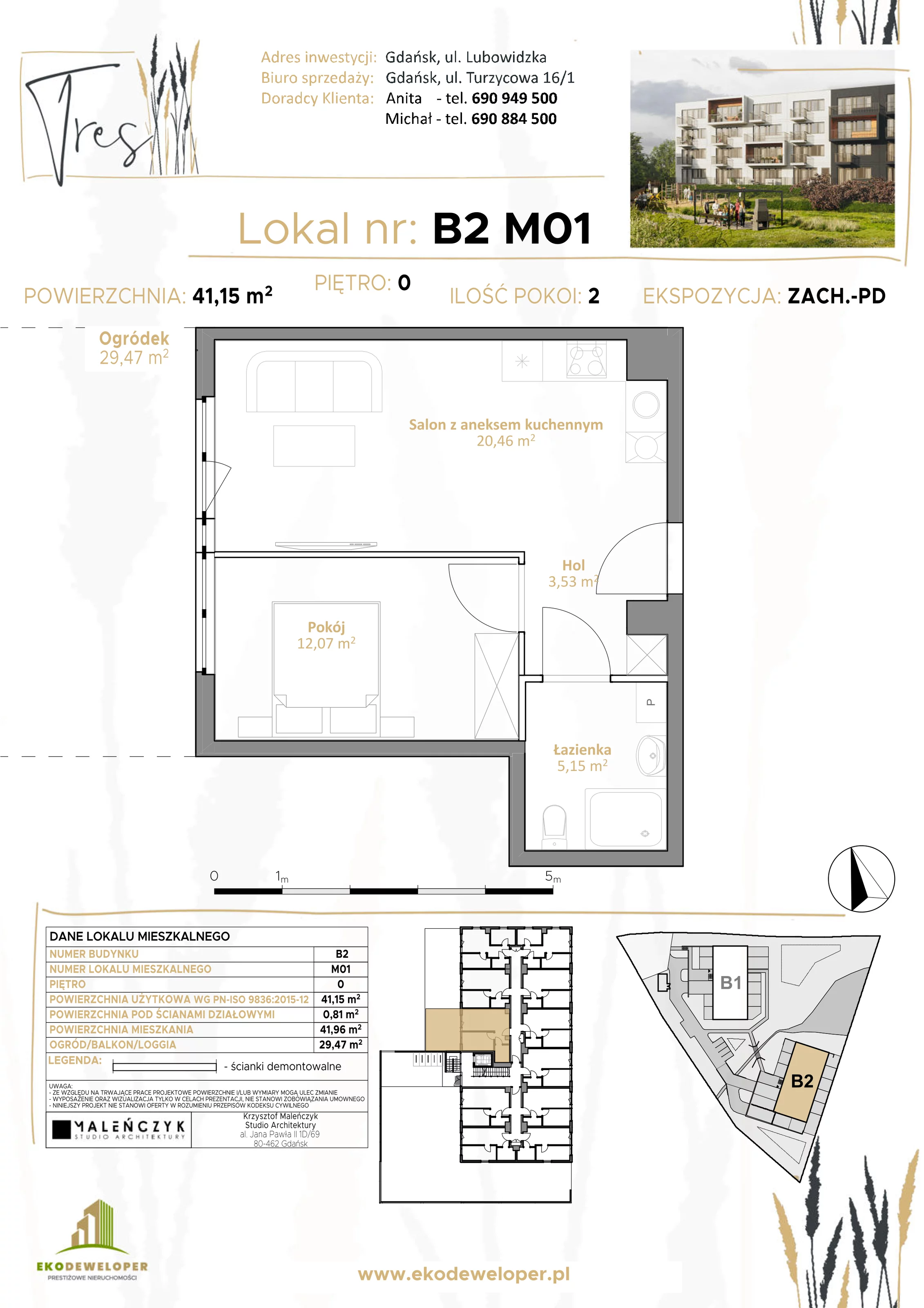 2 pokoje, mieszkanie 41,15 m², parter, oferta nr B2.M01, Tres, Gdańsk, Jasień, Szadółki, ul. Lubowidzka