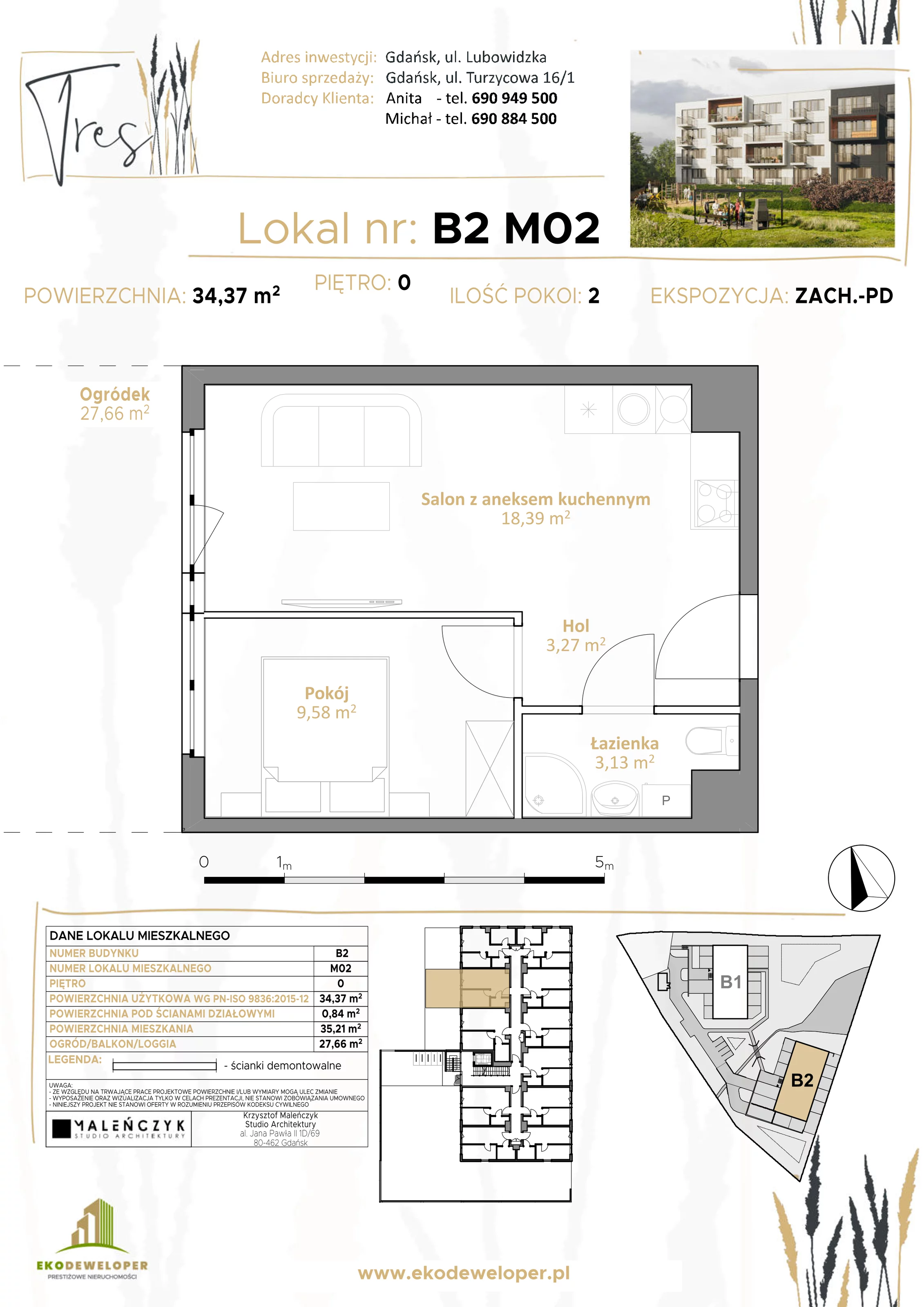 2 pokoje, mieszkanie 34,37 m², parter, oferta nr B2.M02, Tres, Gdańsk, Jasień, ul. Lubowidzka