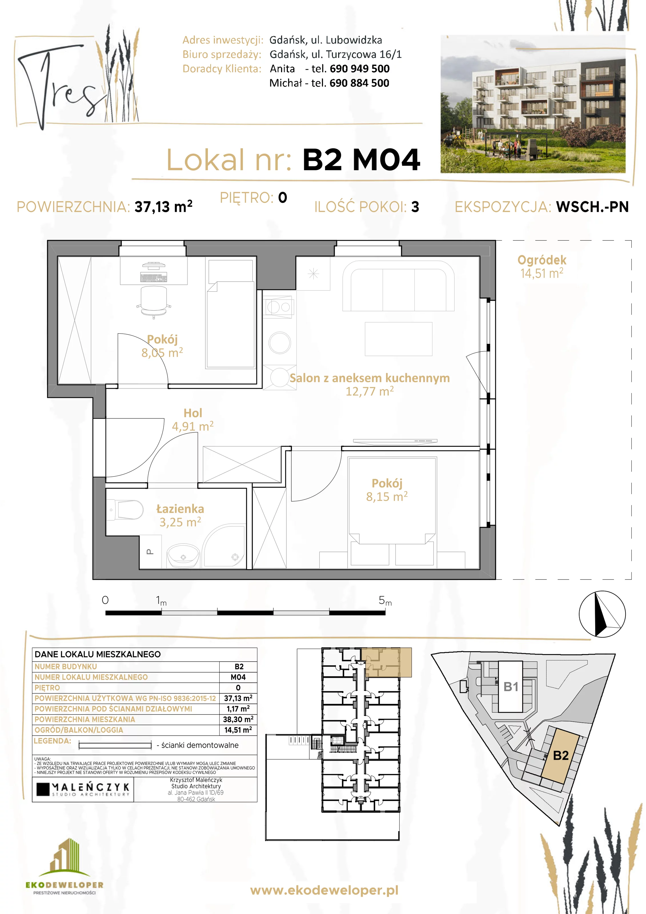 3 pokoje, mieszkanie 37,34 m², parter, oferta nr B2.M04, Tres, Gdańsk, Jasień, ul. Lubowidzka