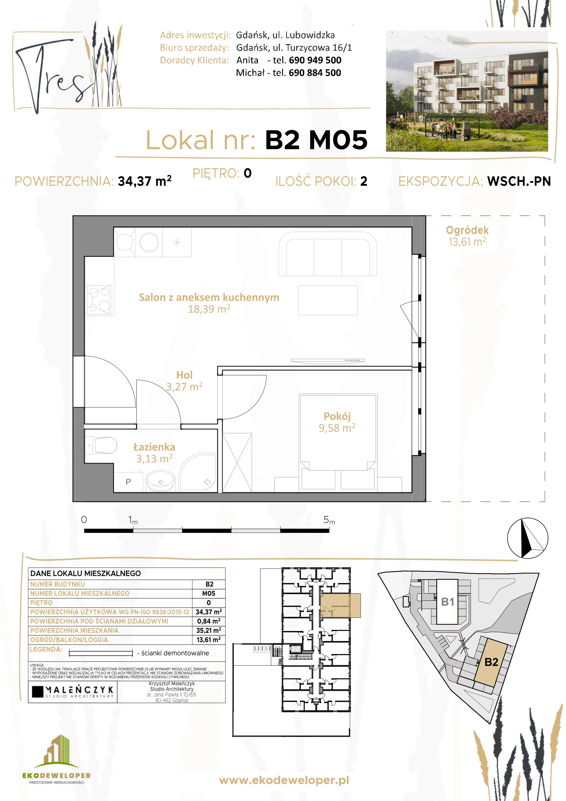 2 pokoje, mieszkanie 34,37 m², parter, oferta nr B2.M05, Tres, Gdańsk, Jasień, ul. Lubowidzka