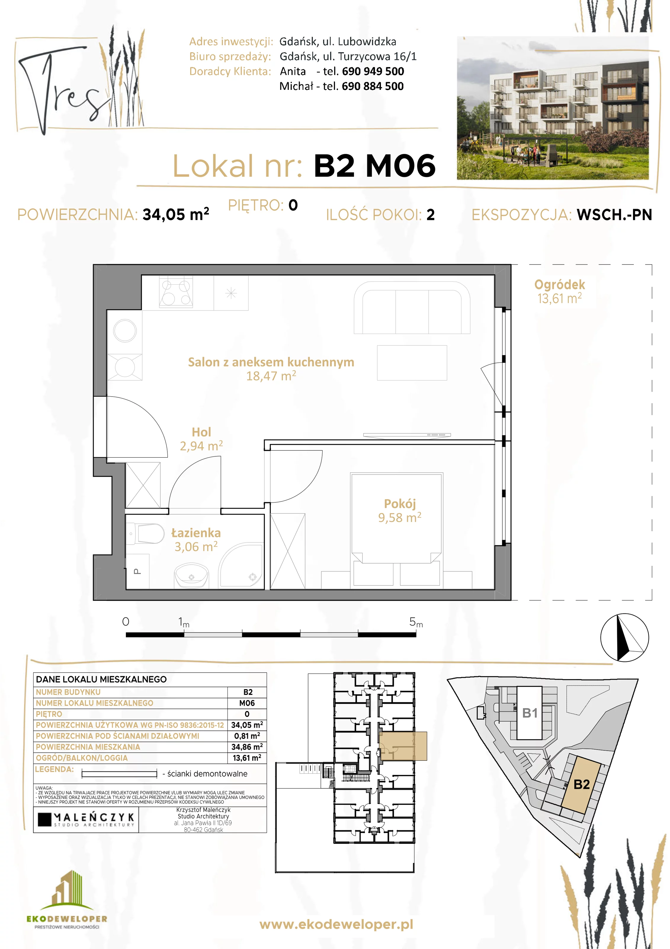 2 pokoje, mieszkanie 34,05 m², parter, oferta nr B2.M06, Tres, Gdańsk, Jasień, ul. Lubowidzka