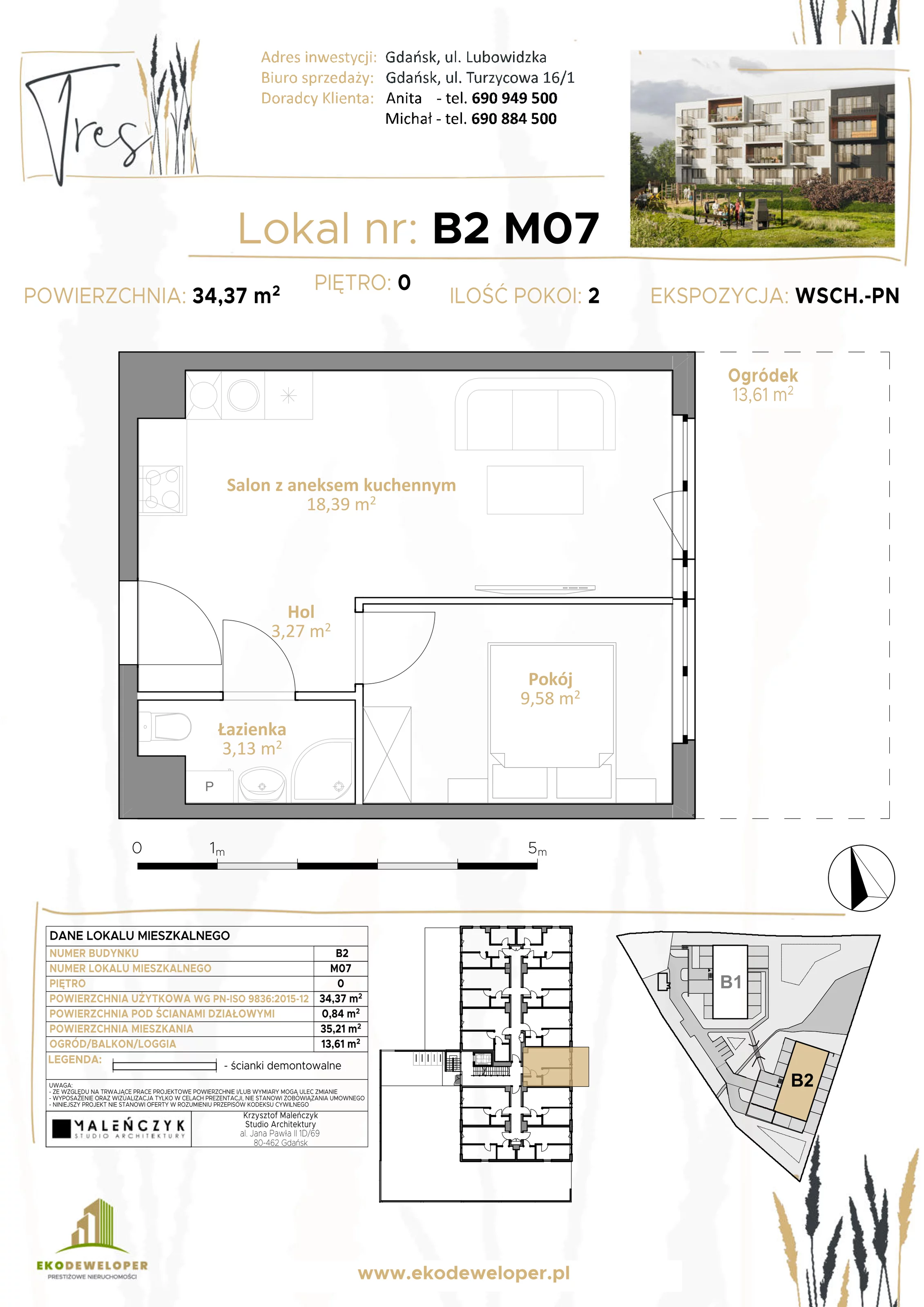 2 pokoje, mieszkanie 34,37 m², parter, oferta nr B2.M07, Tres, Gdańsk, Jasień, ul. Lubowidzka