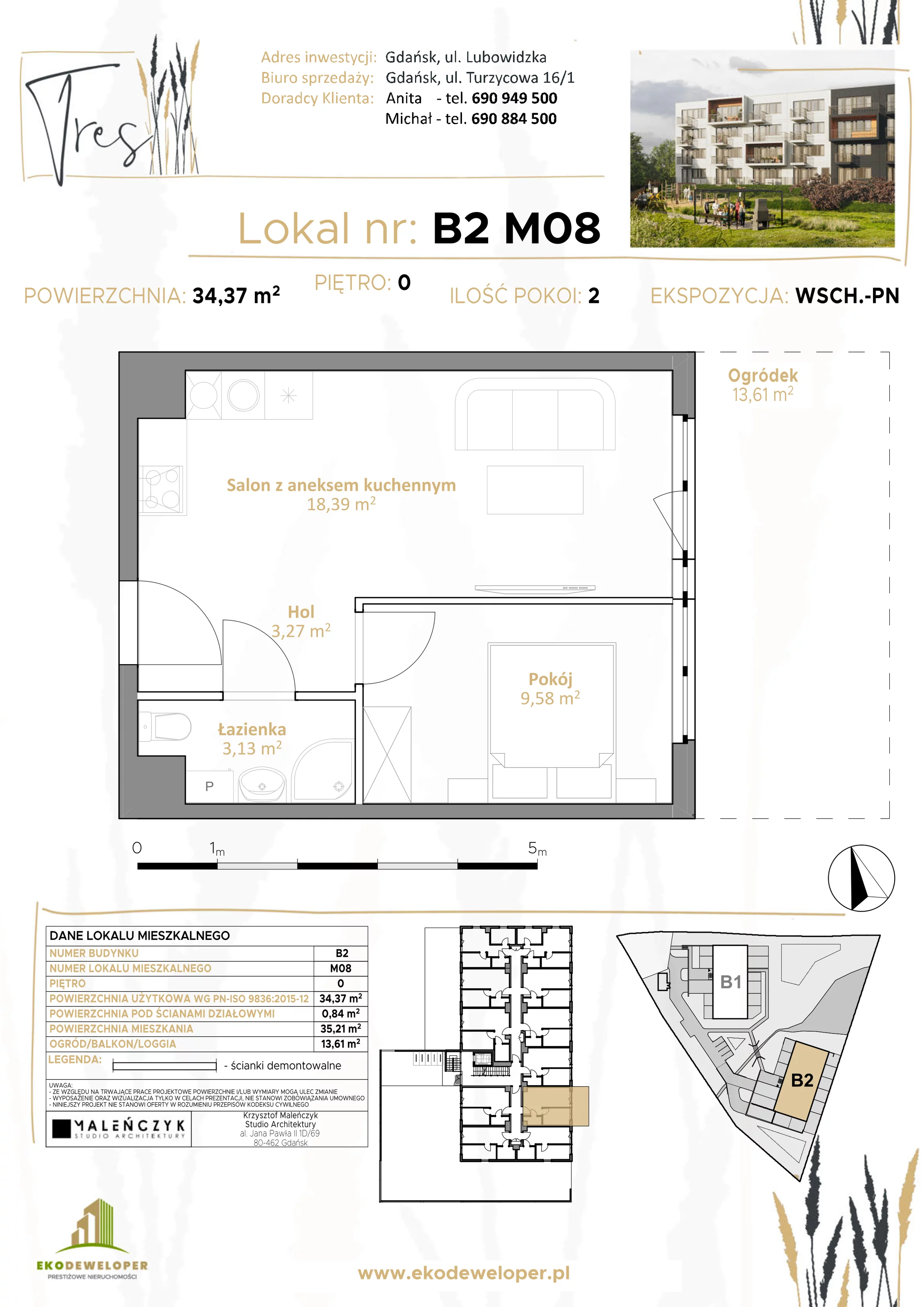 2 pokoje, mieszkanie 34,37 m², parter, oferta nr B2.M08, Tres, Gdańsk, Jasień, ul. Lubowidzka